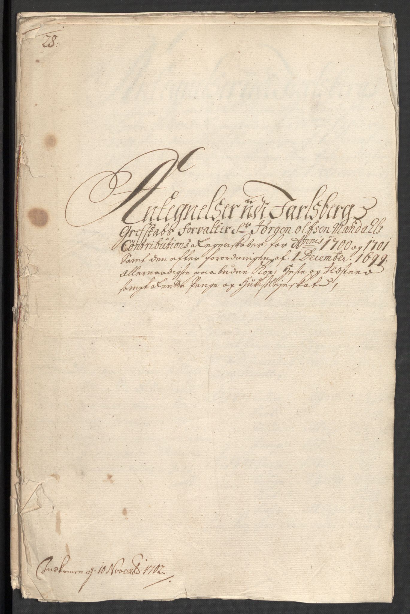 Rentekammeret inntil 1814, Reviderte regnskaper, Fogderegnskap, RA/EA-4092/R32/L1869: Fogderegnskap Jarlsberg grevskap, 1700-1701, s. 419
