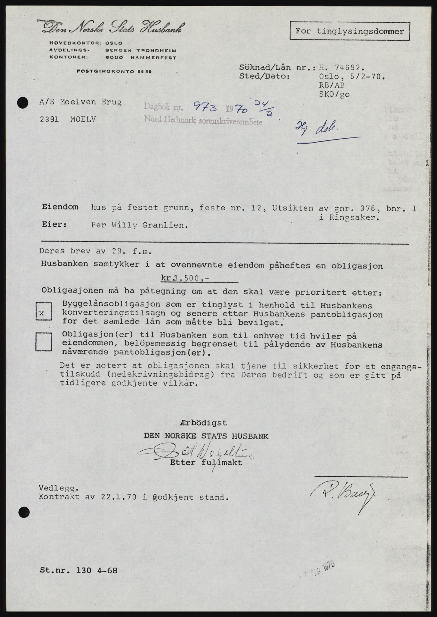 Nord-Hedmark sorenskriveri, AV/SAH-TING-012/H/Hc/L0033: Pantebok nr. 33, 1970-1970, Dagboknr: 973/1970