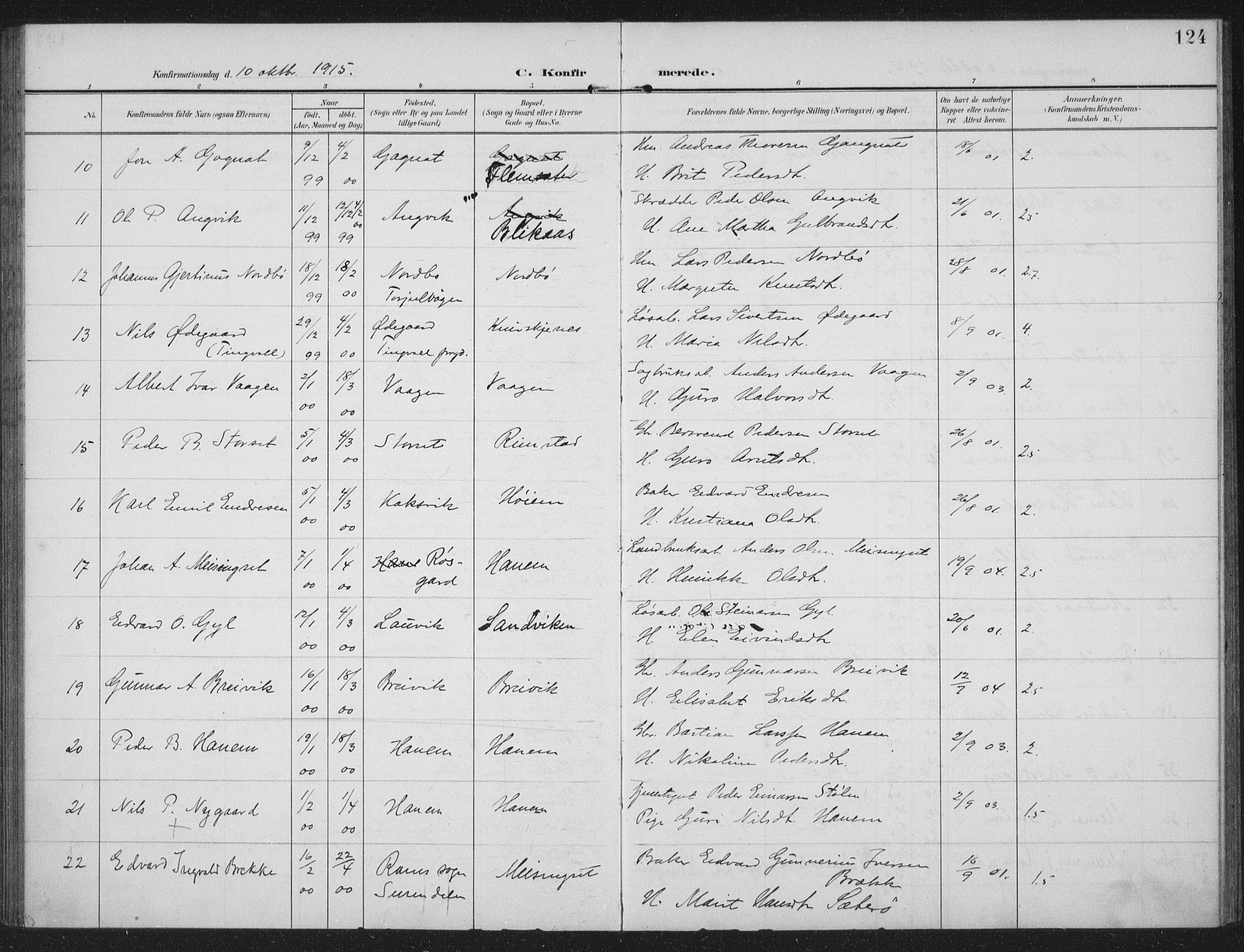 Ministerialprotokoller, klokkerbøker og fødselsregistre - Møre og Romsdal, AV/SAT-A-1454/586/L0989: Ministerialbok nr. 586A15, 1906-1915, s. 124