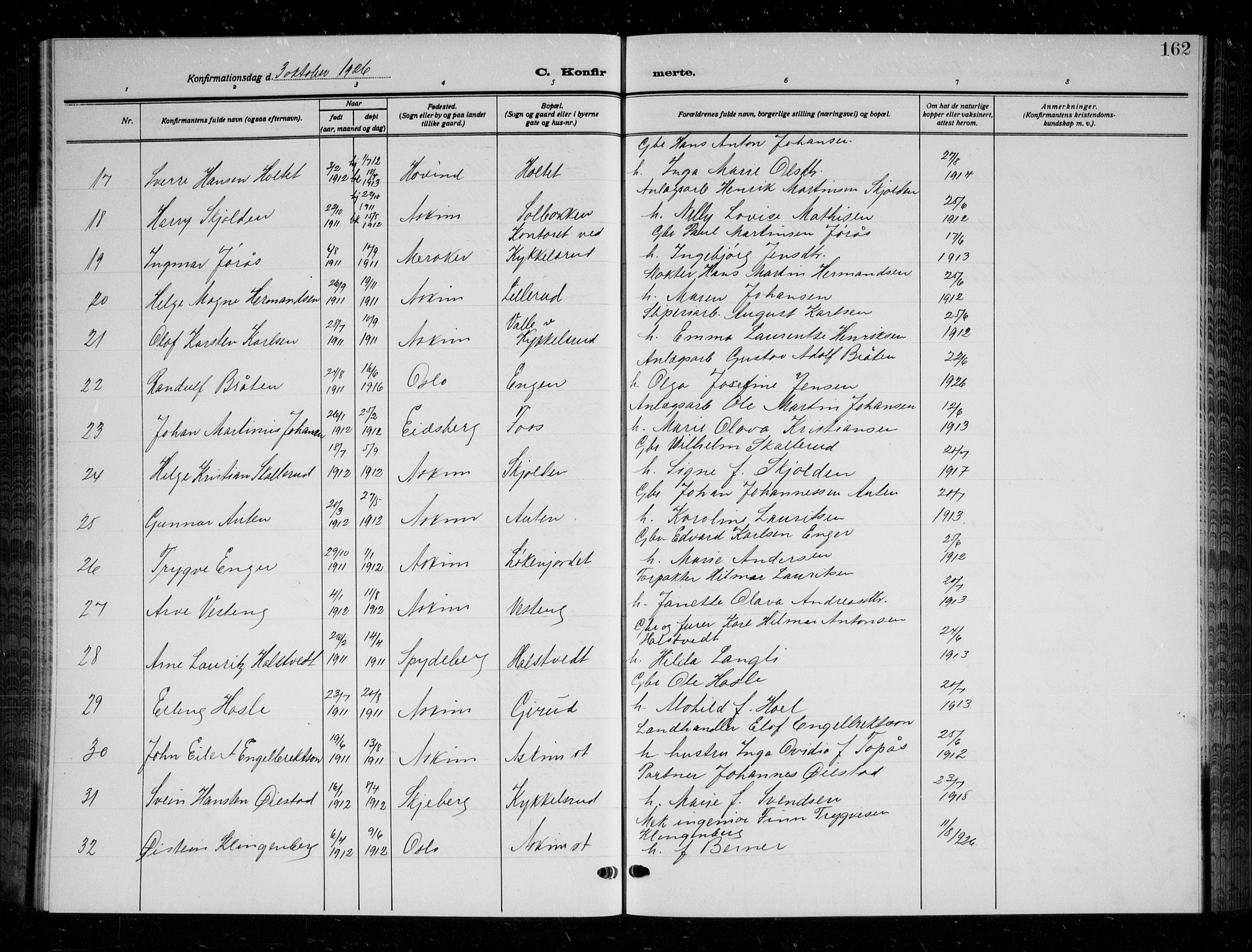 Askim prestekontor Kirkebøker, AV/SAO-A-10900/G/Ga/L0003: Klokkerbok nr. 3, 1921-1937, s. 162