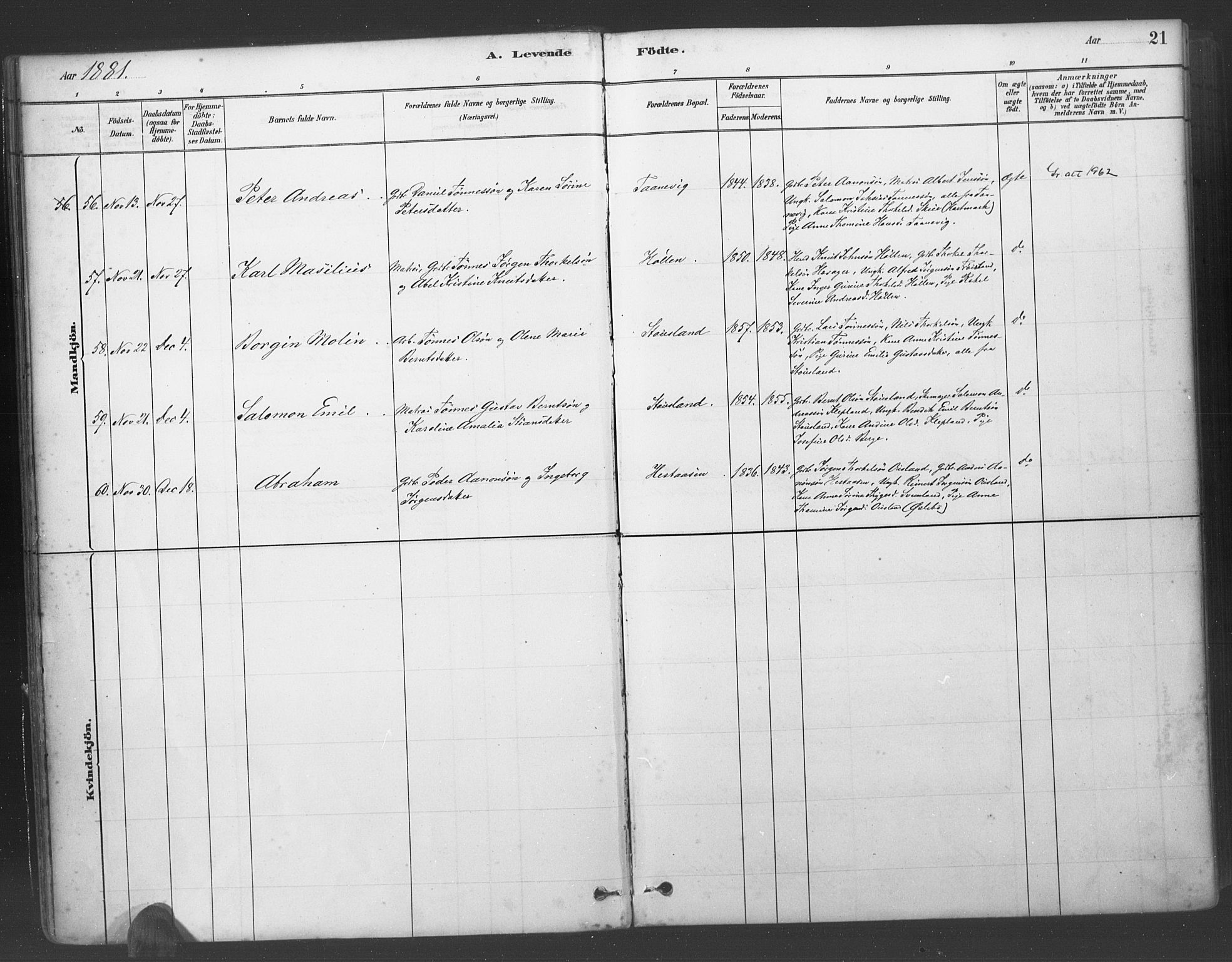 Søgne sokneprestkontor, AV/SAK-1111-0037/F/Fa/Fab/L0012: Ministerialbok nr. A 12, 1880-1891, s. 21