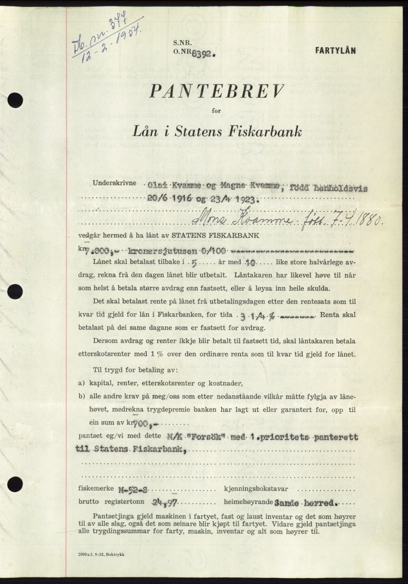 Søre Sunnmøre sorenskriveri, AV/SAT-A-4122/1/2/2C/L0124: Pantebok nr. 12B, 1953-1954, Dagboknr: 377/1954