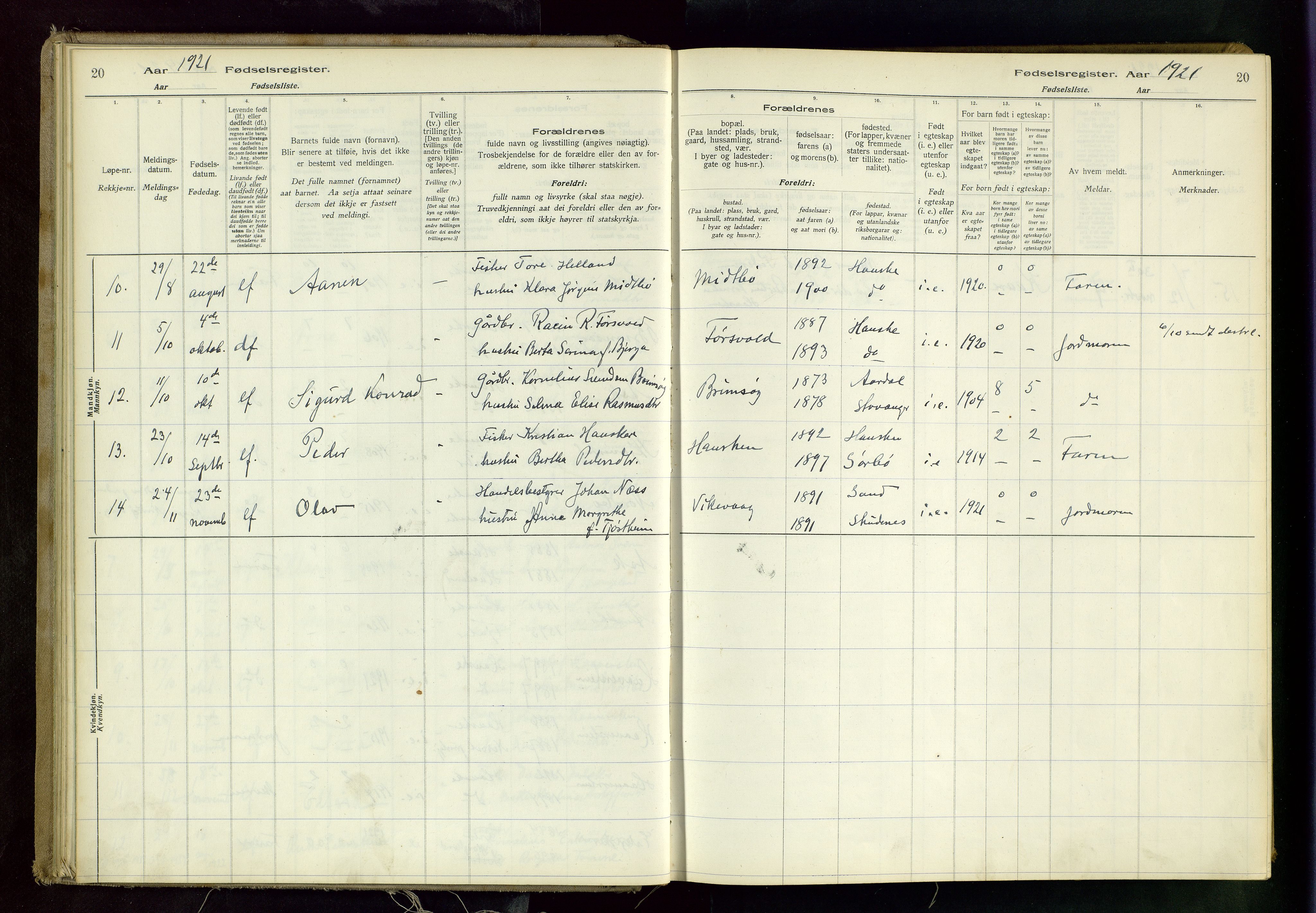 Rennesøy sokneprestkontor, AV/SAST-A -101827/I/Id/L0001: Fødselsregister nr. 1, 1916-1982, s. 20