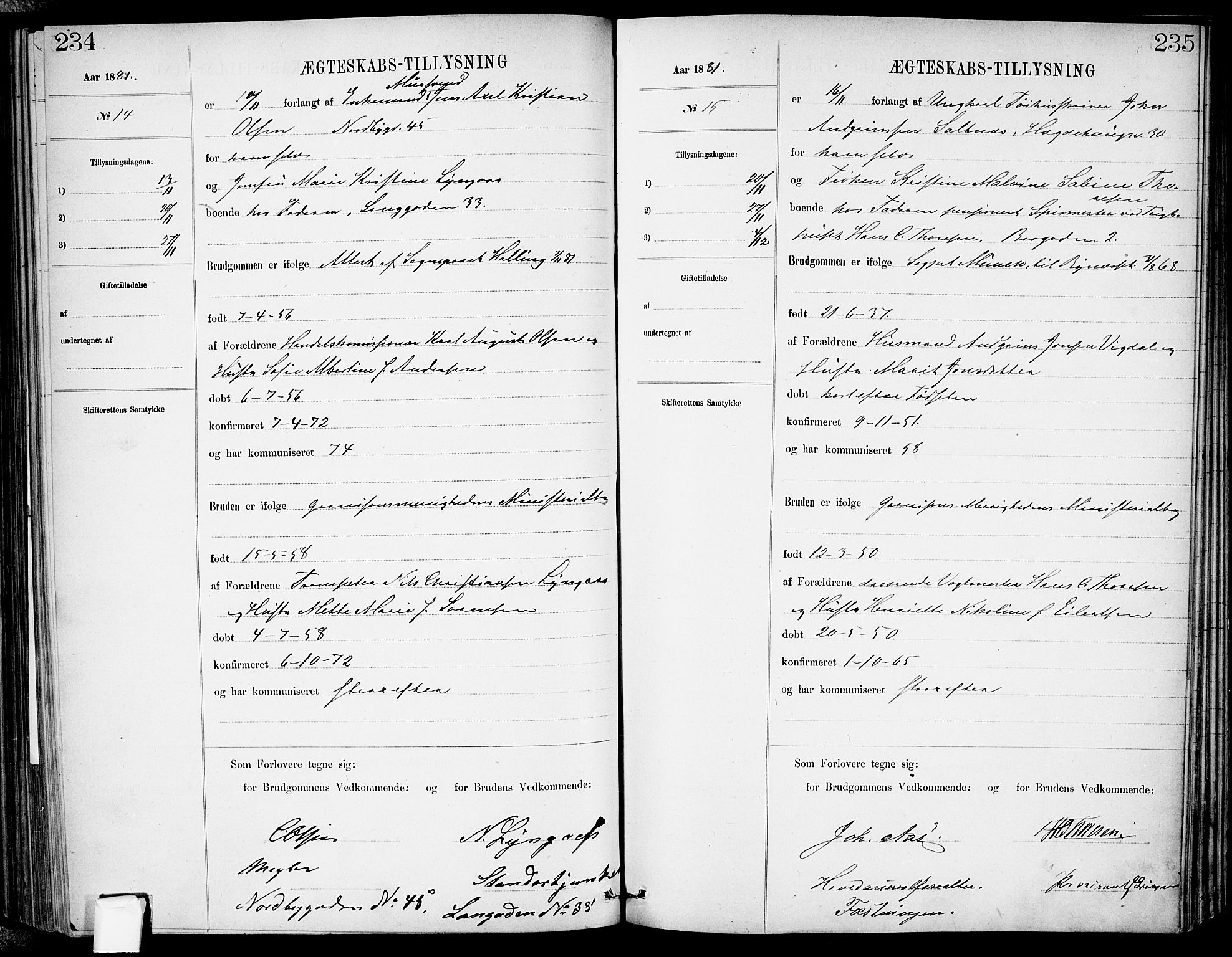 Garnisonsmenigheten Kirkebøker, SAO/A-10846/H/Ha/L0007: Lysningsprotokoll nr. I 7, 1872-1893, s. 234-235