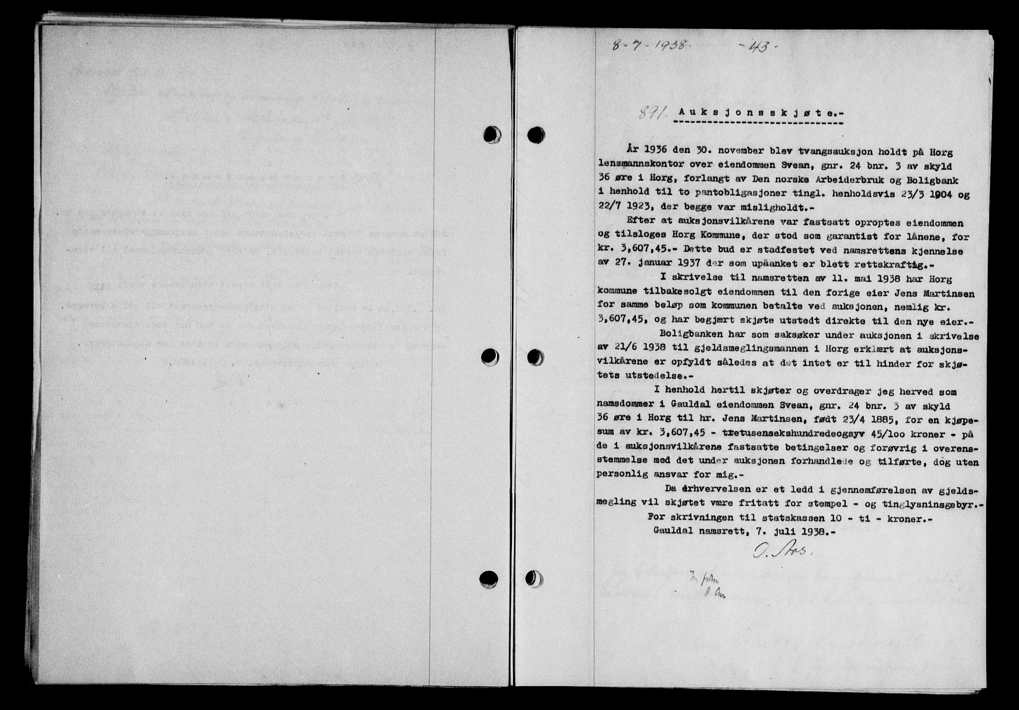 Gauldal sorenskriveri, SAT/A-0014/1/2/2C/L0049: Pantebok nr. 53, 1938-1938, Dagboknr: 891/1938