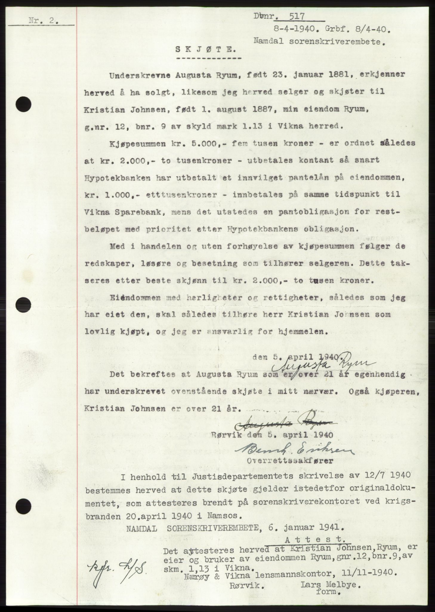 Namdal sorenskriveri, SAT/A-4133/1/2/2C: Pantebok nr. -, 1940-1941, Tingl.dato: 08.04.1940