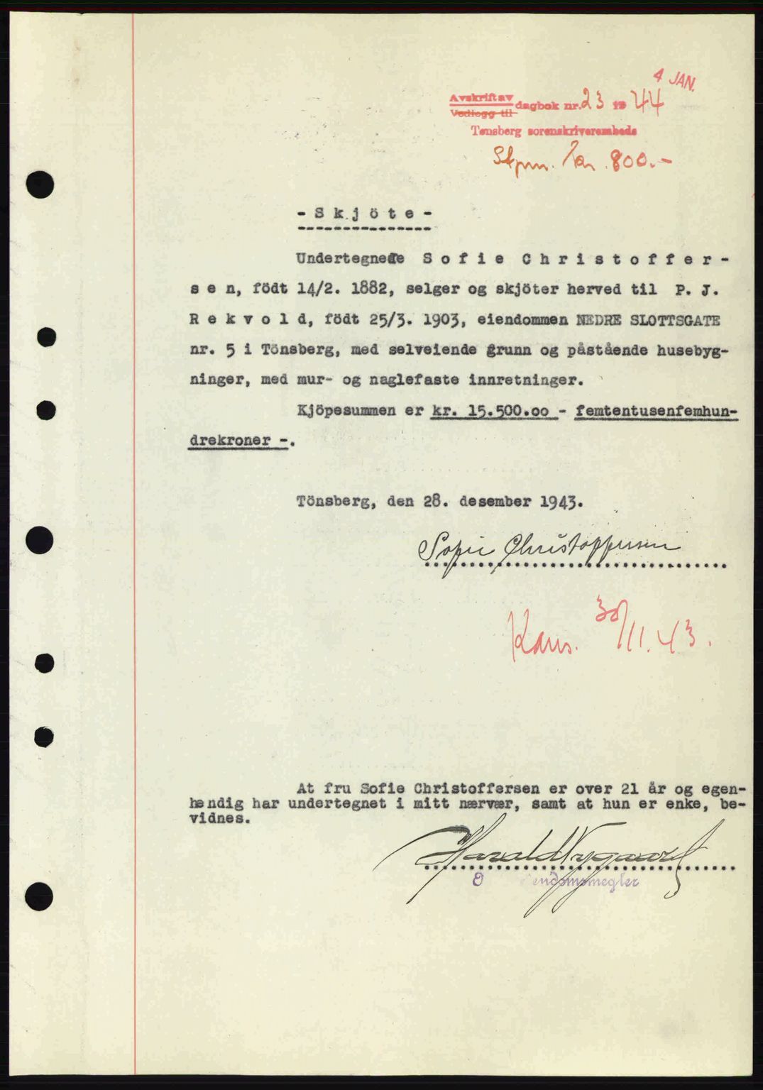 Tønsberg sorenskriveri, AV/SAKO-A-130/G/Ga/Gaa/L0014: Pantebok nr. A14, 1943-1944, Dagboknr: 23/1944