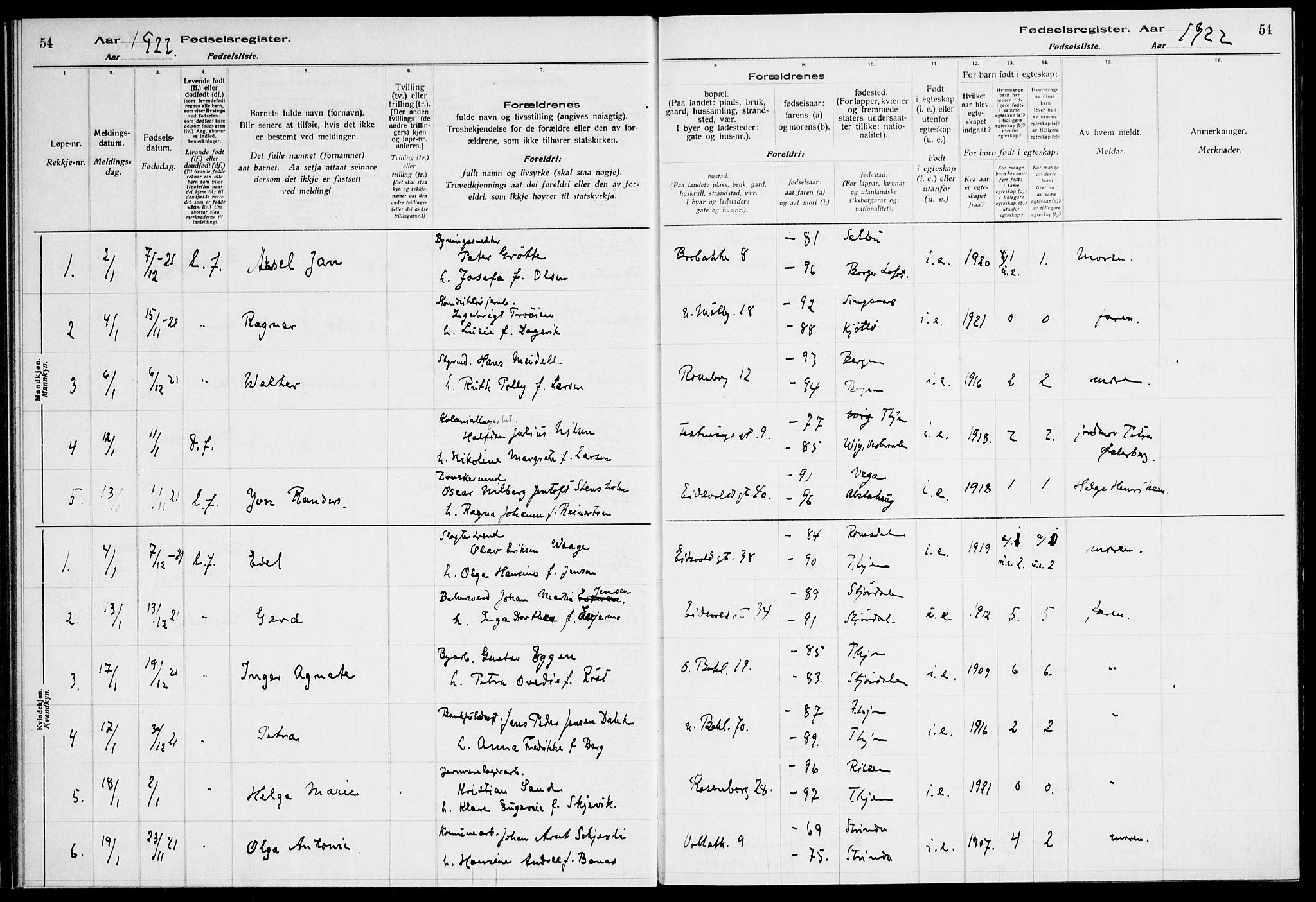 Ministerialprotokoller, klokkerbøker og fødselsregistre - Sør-Trøndelag, AV/SAT-A-1456/604/L0233: Fødselsregister nr. 604.II.4.2, 1920-1928, s. 54