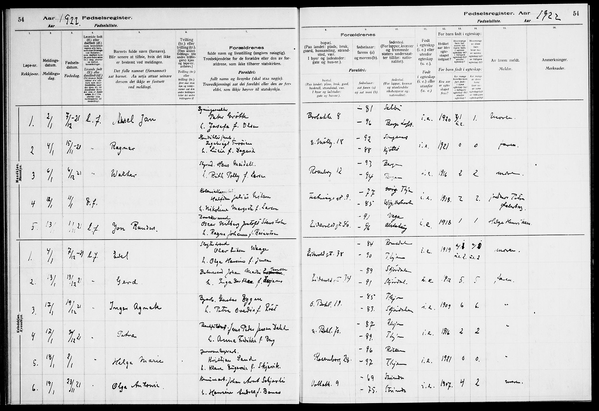 Ministerialprotokoller, klokkerbøker og fødselsregistre - Sør-Trøndelag, SAT/A-1456/604/L0233: Fødselsregister nr. 604.II.4.2, 1920-1928, s. 54