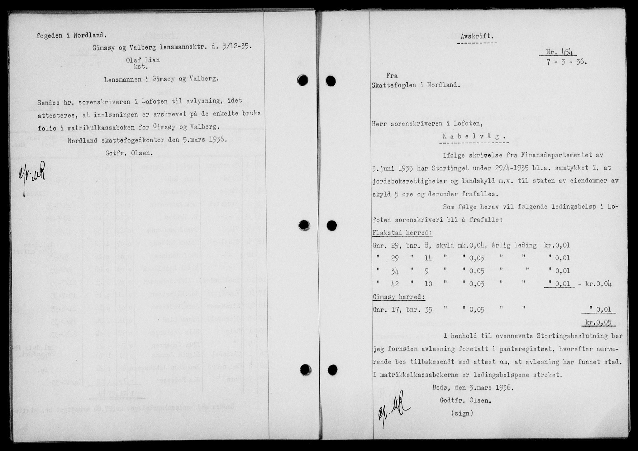 Lofoten sorenskriveri, SAT/A-0017/1/2/2C/L0033b: Pantebok nr. 33b, 1936-1936, Dagboknr: 454/1936