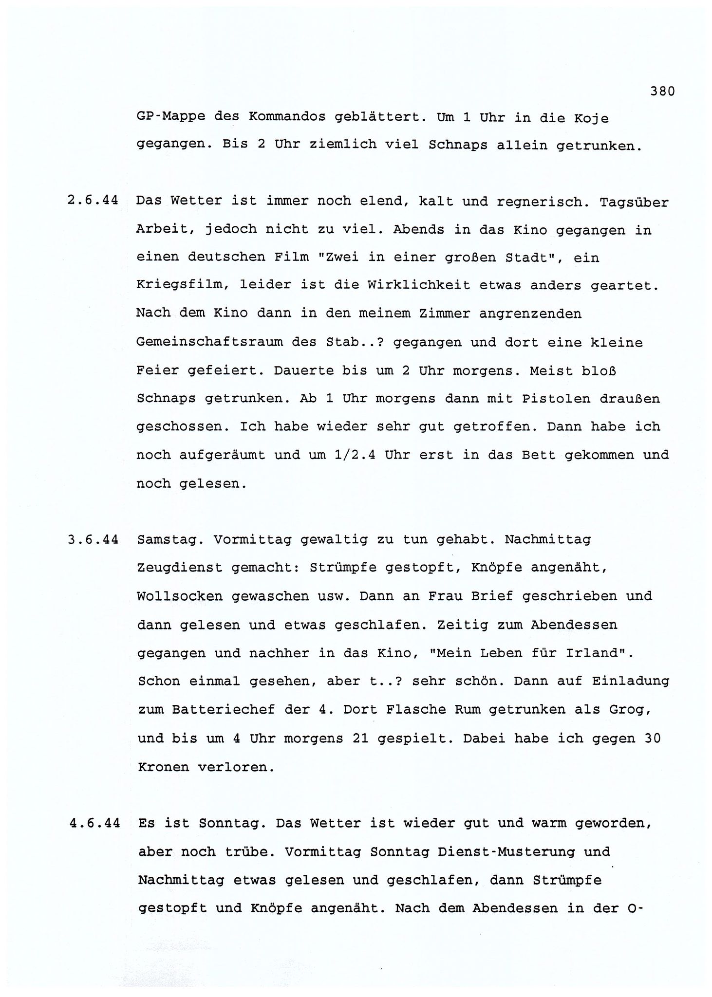 Dagbokopptegnelser av en tysk marineoffiser stasjonert i Norge , FMFB/A-1160/F/L0001: Dagbokopptegnelser av en tysk marineoffiser stasjonert i Norge, 1941-1944, s. 380