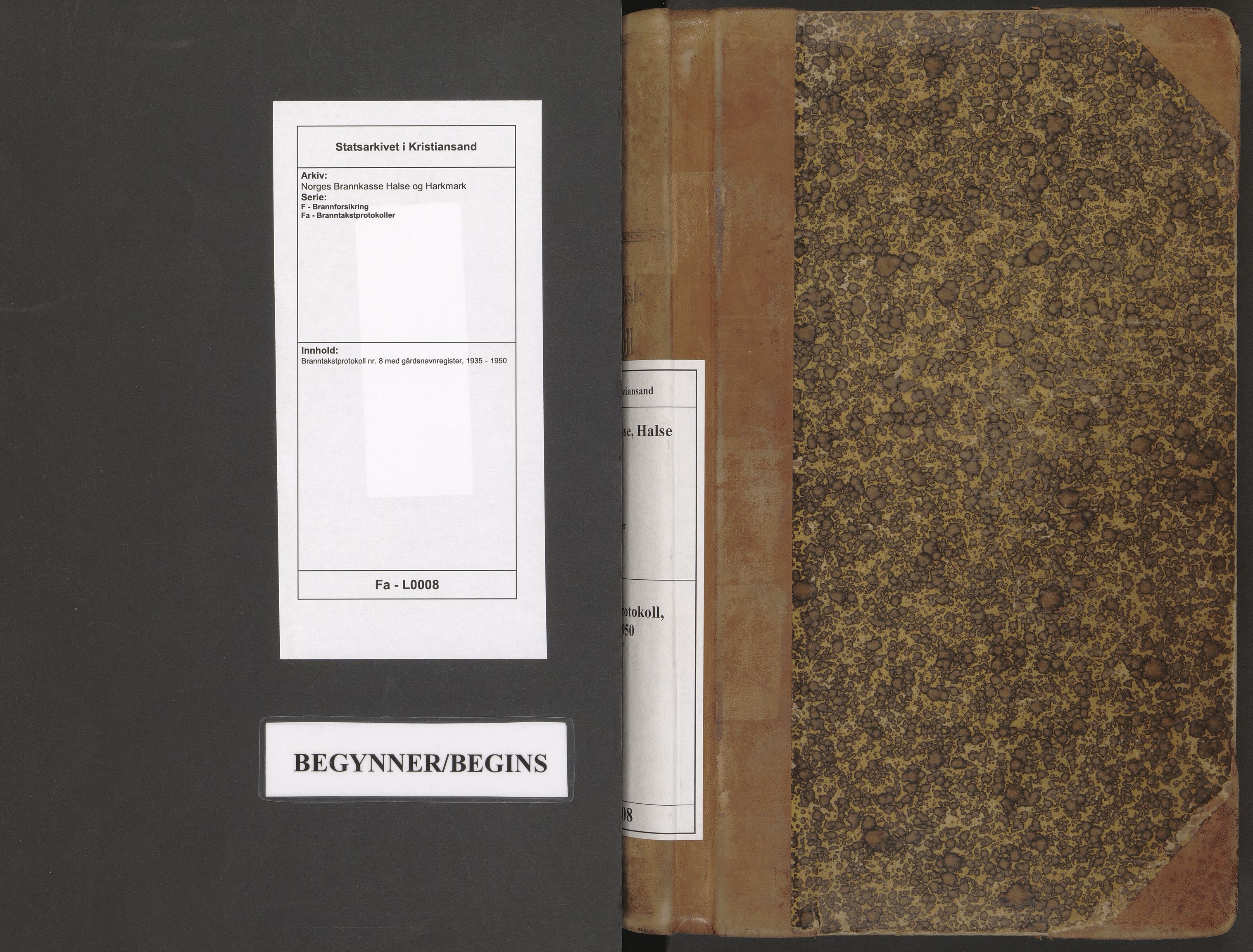 Norges Brannkasse Halse og Harkmark, SAK/2241-0020/F/Fa/L0008: Branntakstprotokoll nr. 8 med gårdsnavnregister, 1935-1950