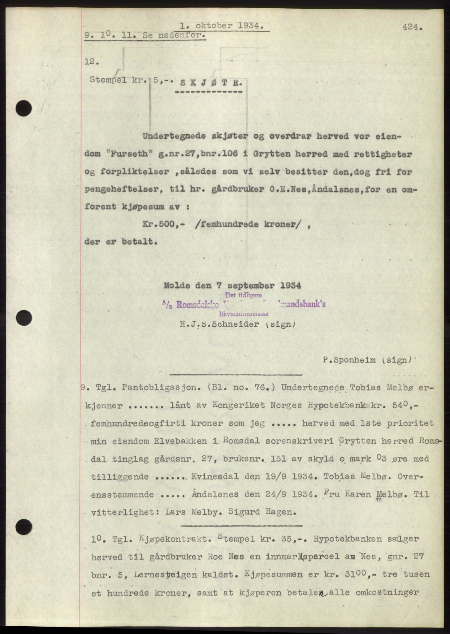 Romsdal sorenskriveri, AV/SAT-A-4149/1/2/2C/L0065: Pantebok nr. 59, 1934-1934, Tingl.dato: 01.10.1934