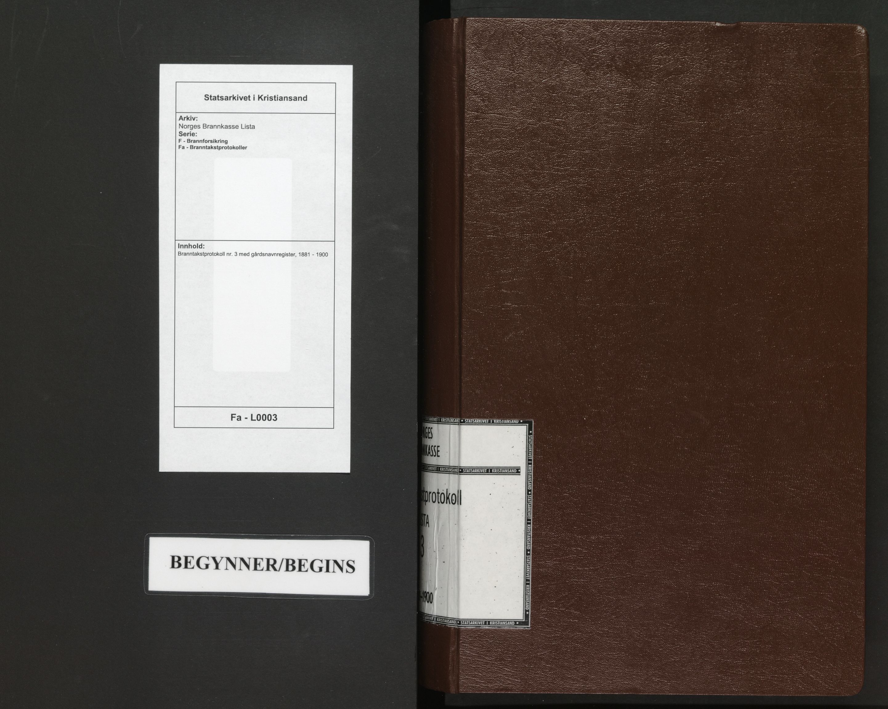 Norges Brannkasse Lista, AV/SAK-2241-0035/F/Fa/L0003: Branntakstprotokoll nr. 3 med gårdsnavnregister, 1881-1900