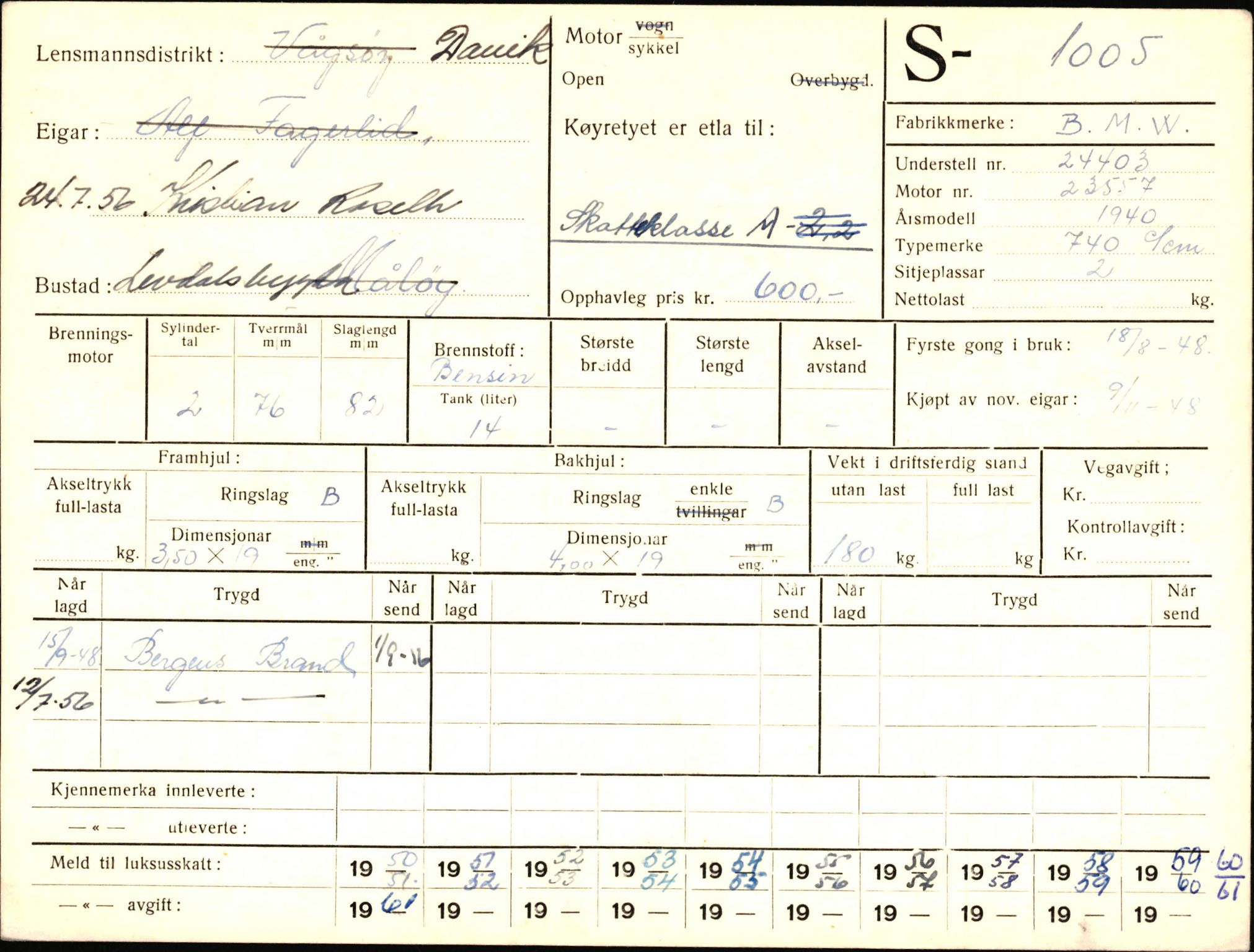 Statens vegvesen, Sogn og Fjordane vegkontor, AV/SAB-A-5301/4/F/L0003: Registerkort utmeldte Fjordane S1000-2499, 1930-1961, s. 9