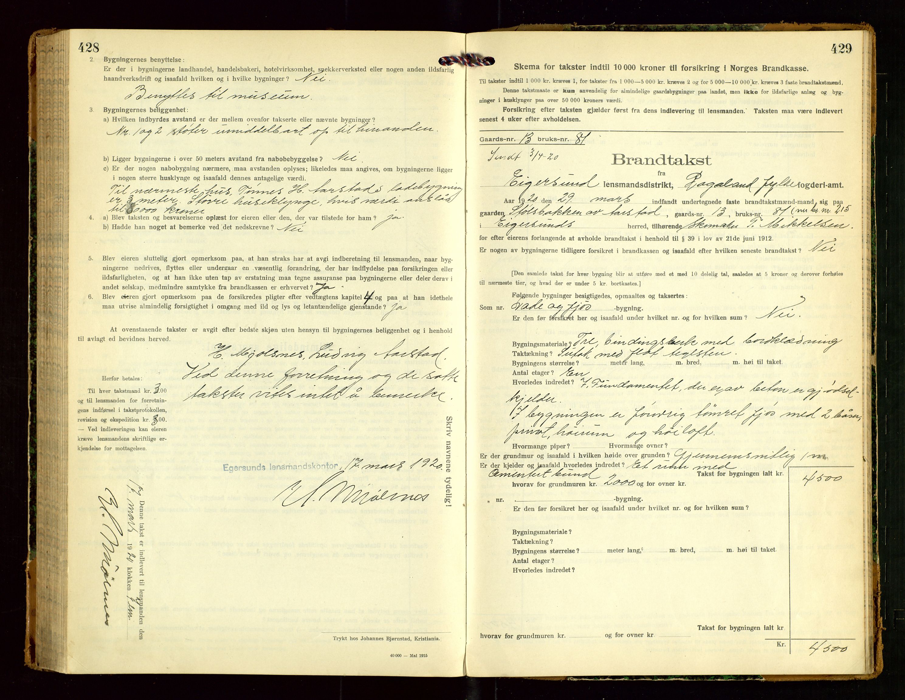 Eigersund lensmannskontor, SAST/A-100171/Gob/L0003: "Brandtakstprotokol", 1917-1920, s. 428-429