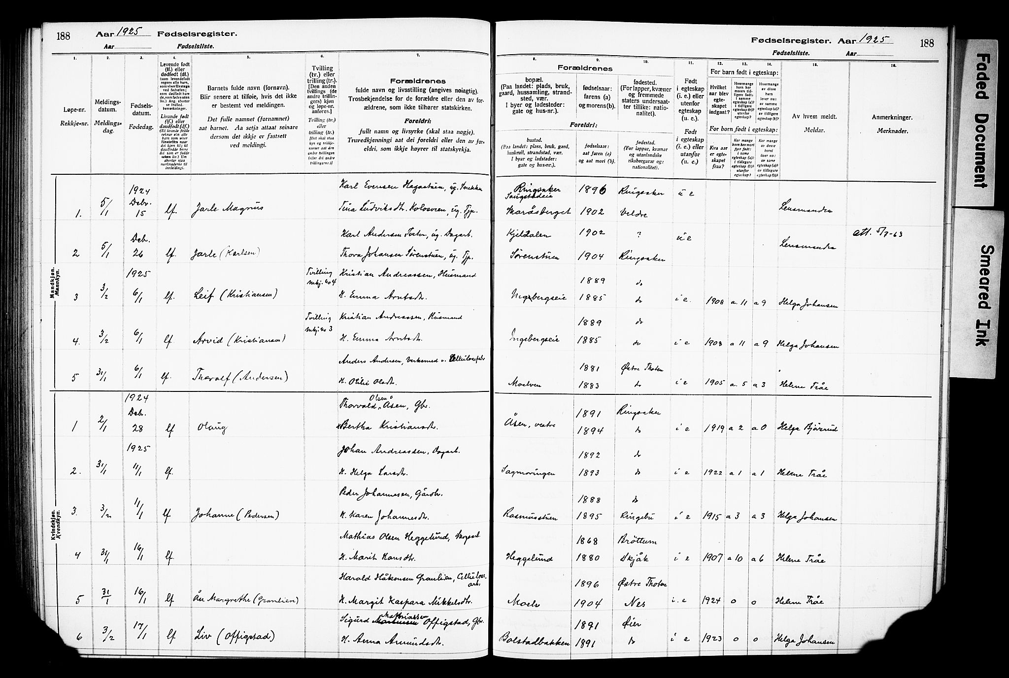 Ringsaker prestekontor, SAH/PREST-014/O/Oa/L0001: Fødselsregister nr. 1, 1916-1925, s. 188