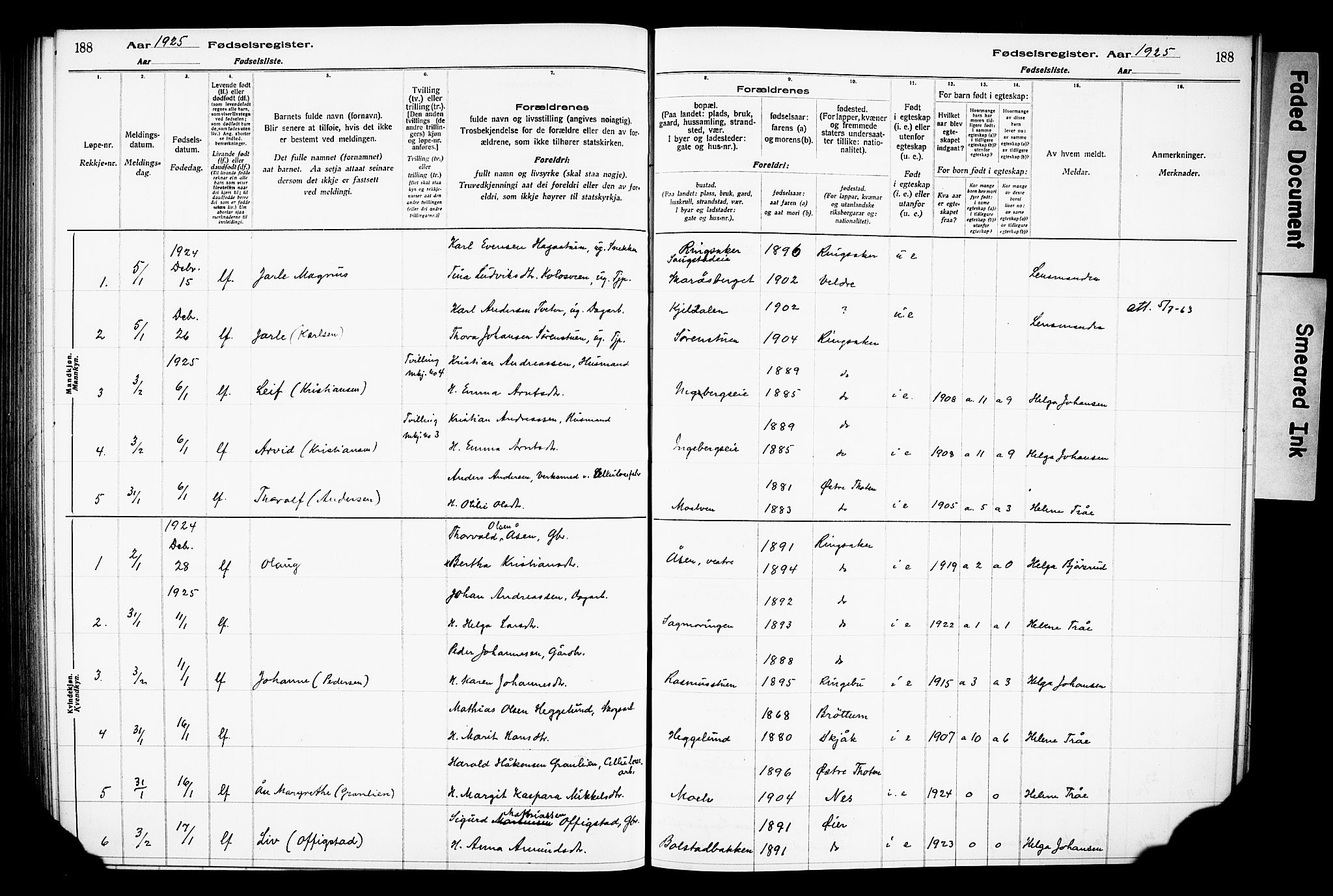 Ringsaker prestekontor, AV/SAH-PREST-014/O/Oa/L0001: Fødselsregister nr. 1, 1916-1925, s. 188