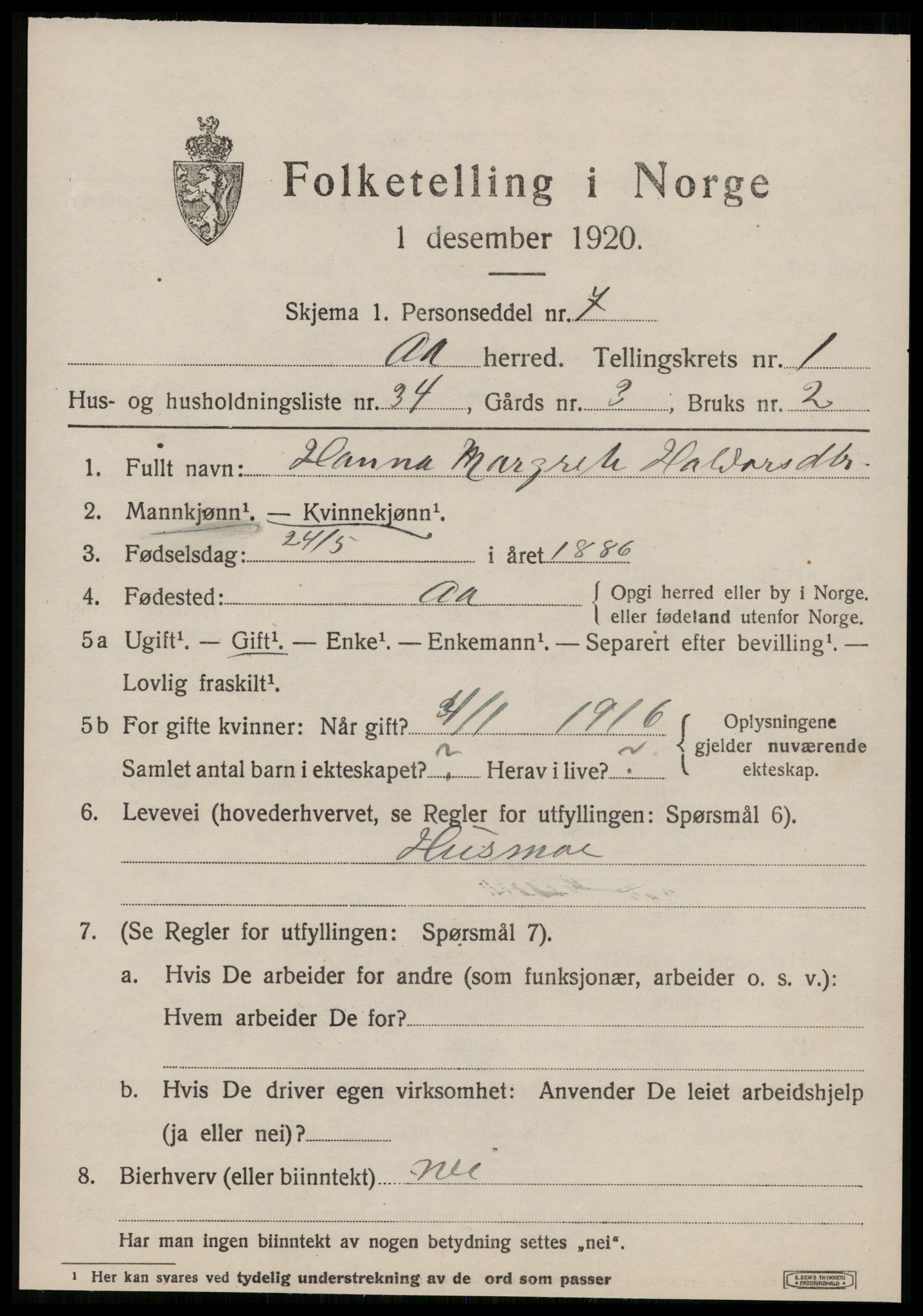 SAT, Folketelling 1920 for 1630 Å herred, 1920, s. 1398