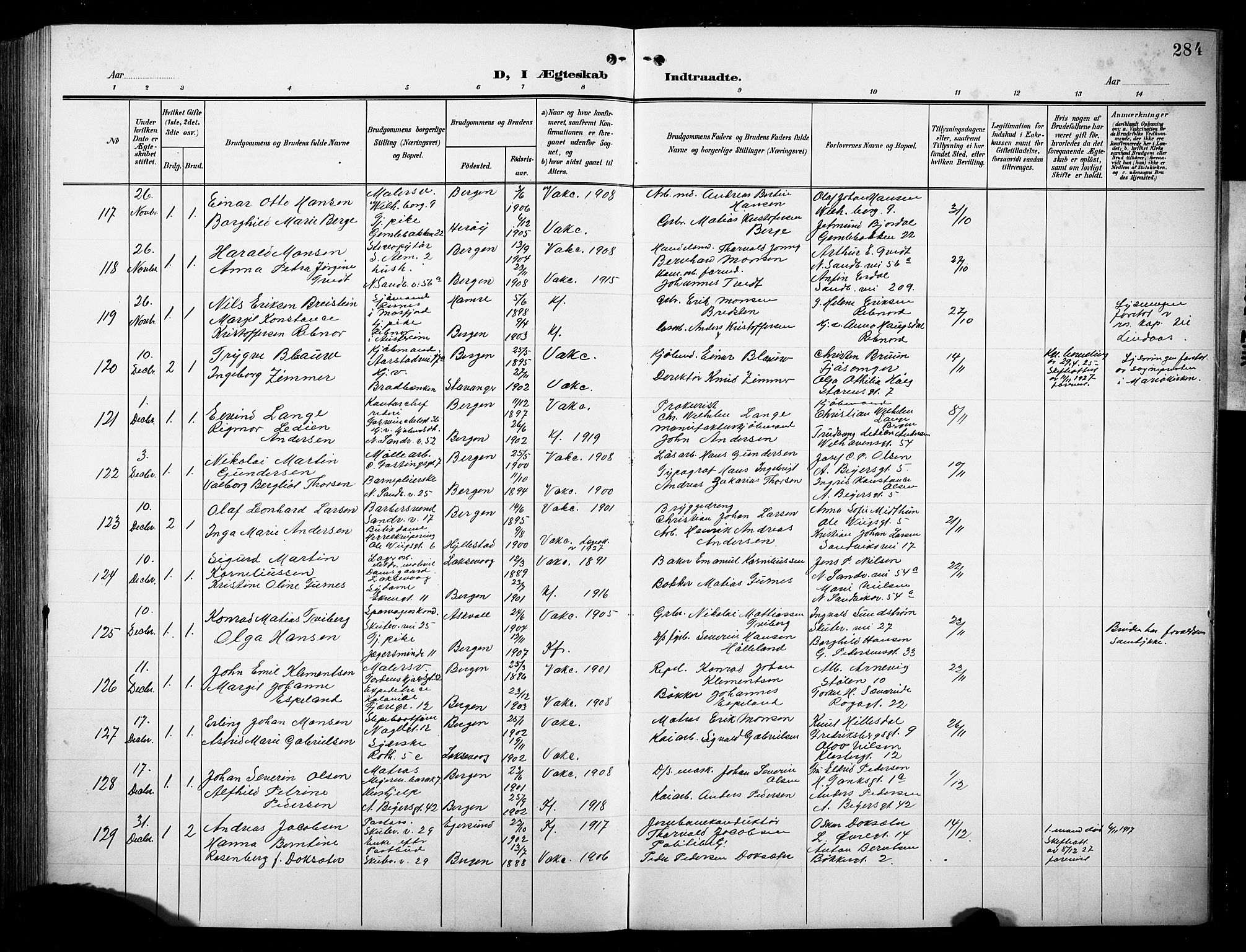 Sandviken Sokneprestembete, AV/SAB-A-77601/H/Hb/L0014: Klokkerbok nr. D 1, 1902-1929, s. 284