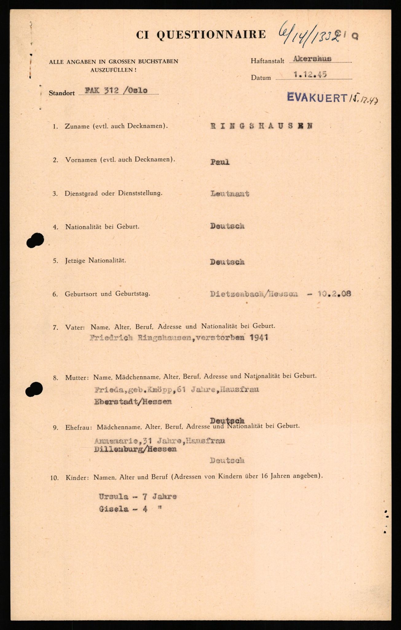 Forsvaret, Forsvarets overkommando II, RA/RAFA-3915/D/Db/L0027: CI Questionaires. Tyske okkupasjonsstyrker i Norge. Tyskere., 1945-1946, s. 423