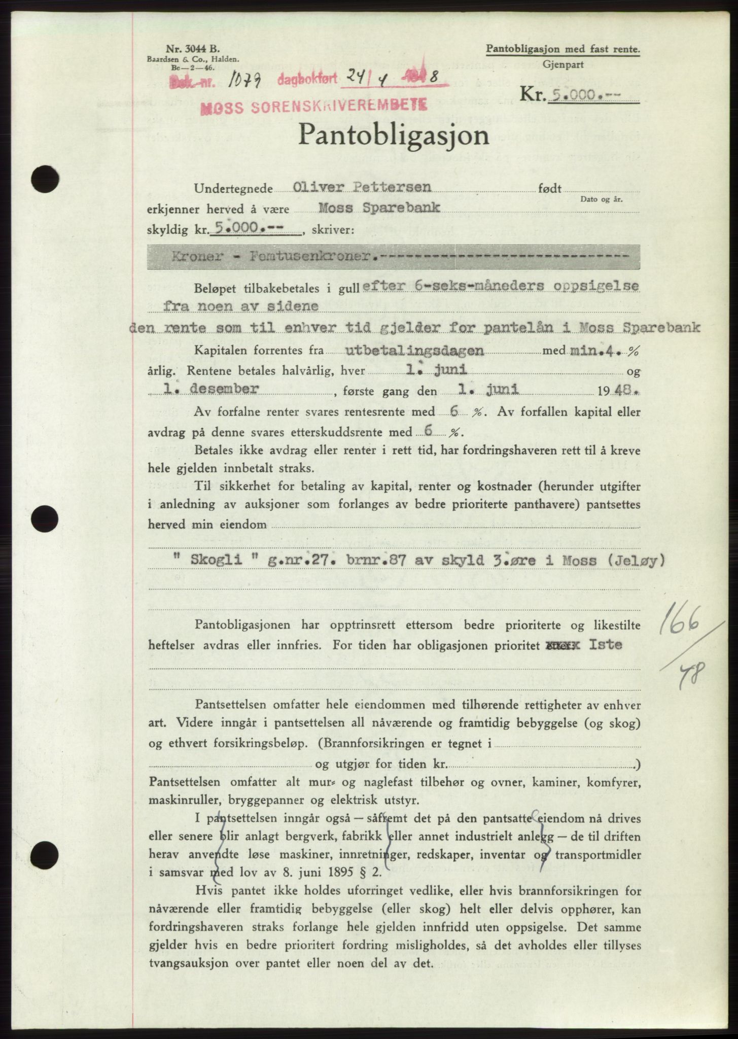 Moss sorenskriveri, SAO/A-10168: Pantebok nr. B19, 1948-1948, Dagboknr: 1079/1948