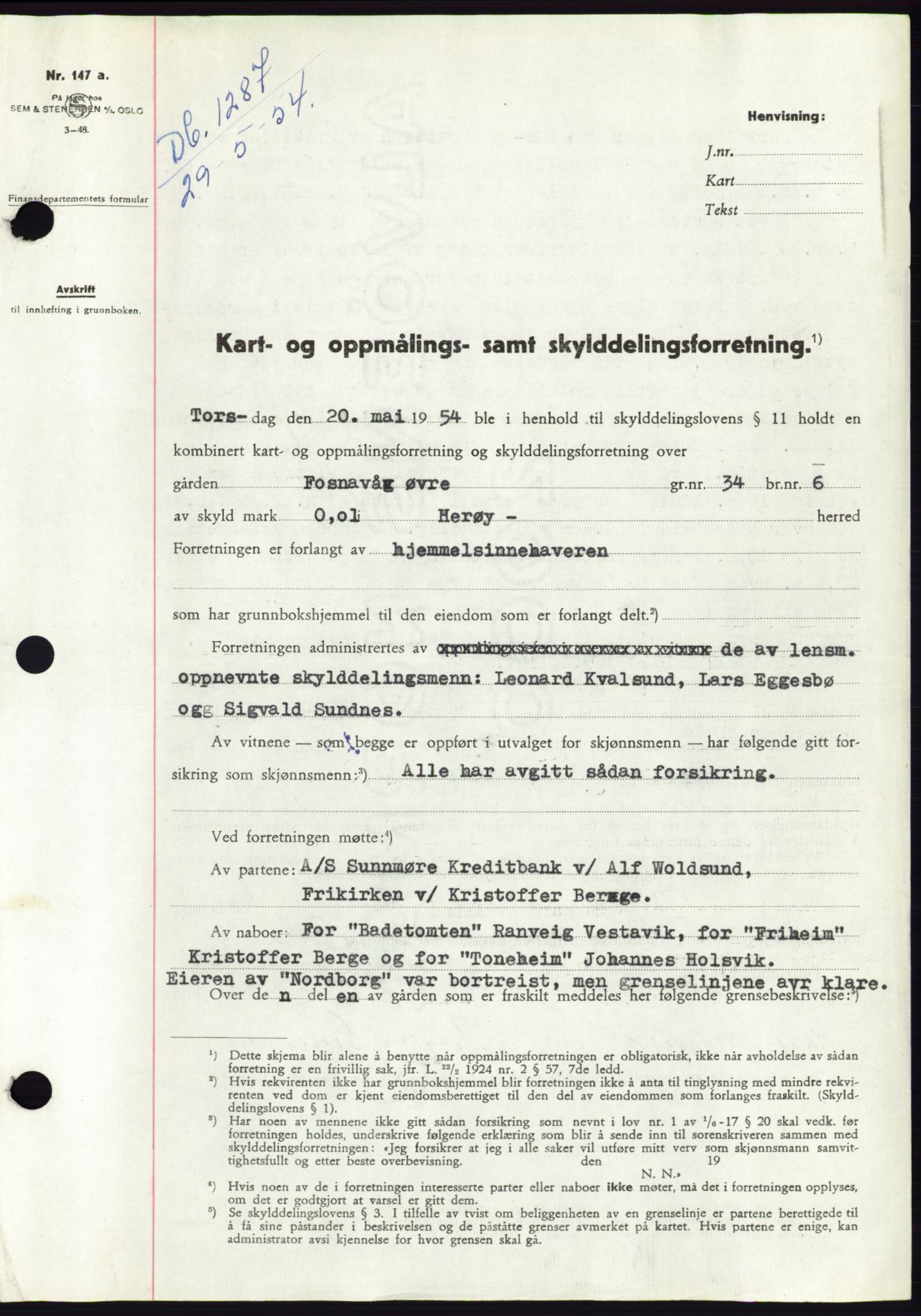 Søre Sunnmøre sorenskriveri, SAT/A-4122/1/2/2C/L0097: Pantebok nr. 23A, 1954-1954, Dagboknr: 1287/1954