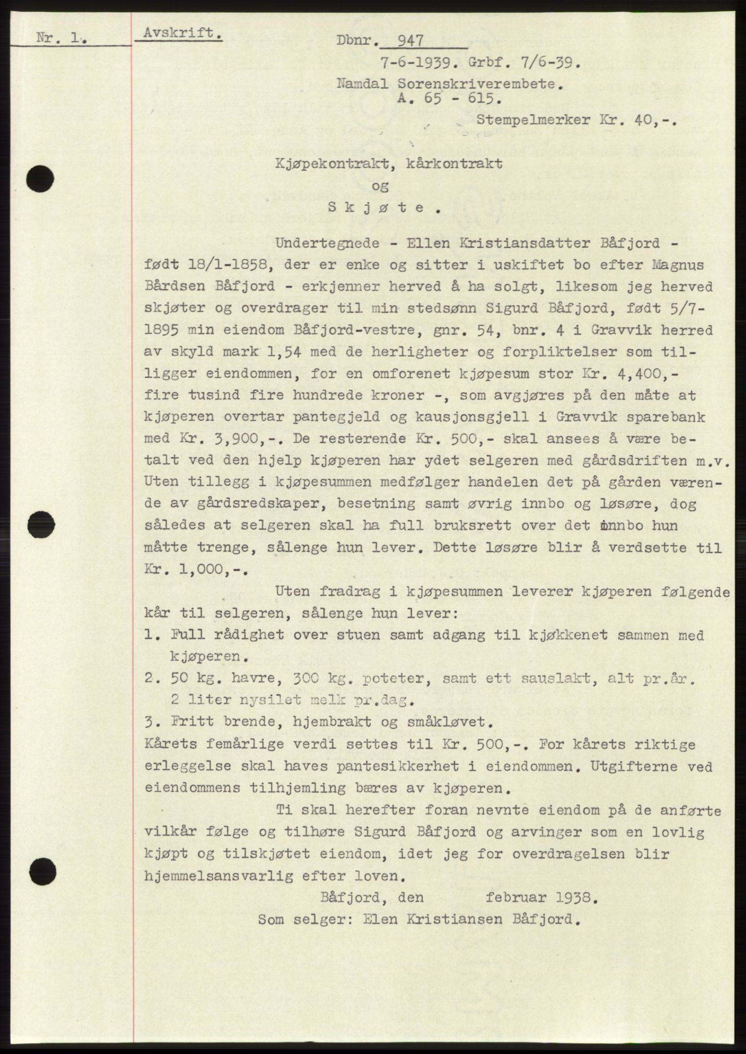 Namdal sorenskriveri, SAT/A-4133/1/2/2C: Pantebok nr. -, 1937-1939, Tingl.dato: 07.06.1939