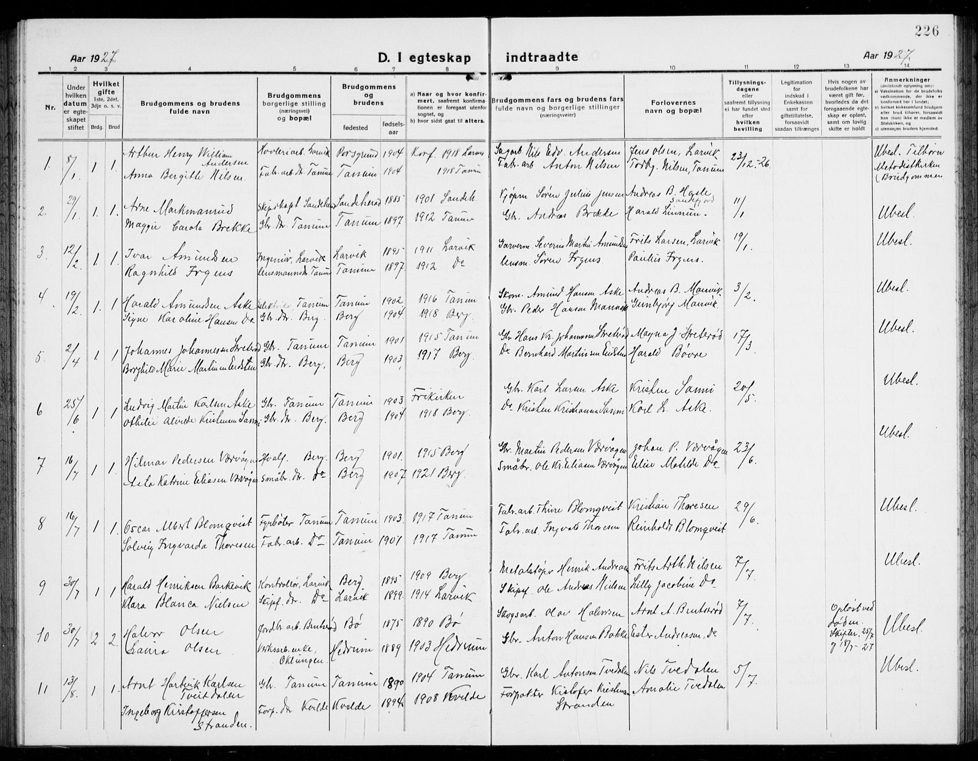 Brunlanes kirkebøker, AV/SAKO-A-342/G/Ga/L0005: Klokkerbok nr. I 5, 1918-1941, s. 226