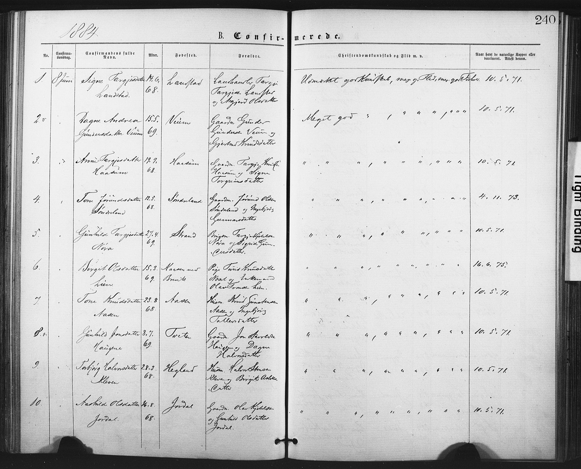 Fyresdal kirkebøker, AV/SAKO-A-263/F/Fa/L0006: Ministerialbok nr. I 6, 1872-1886, s. 240
