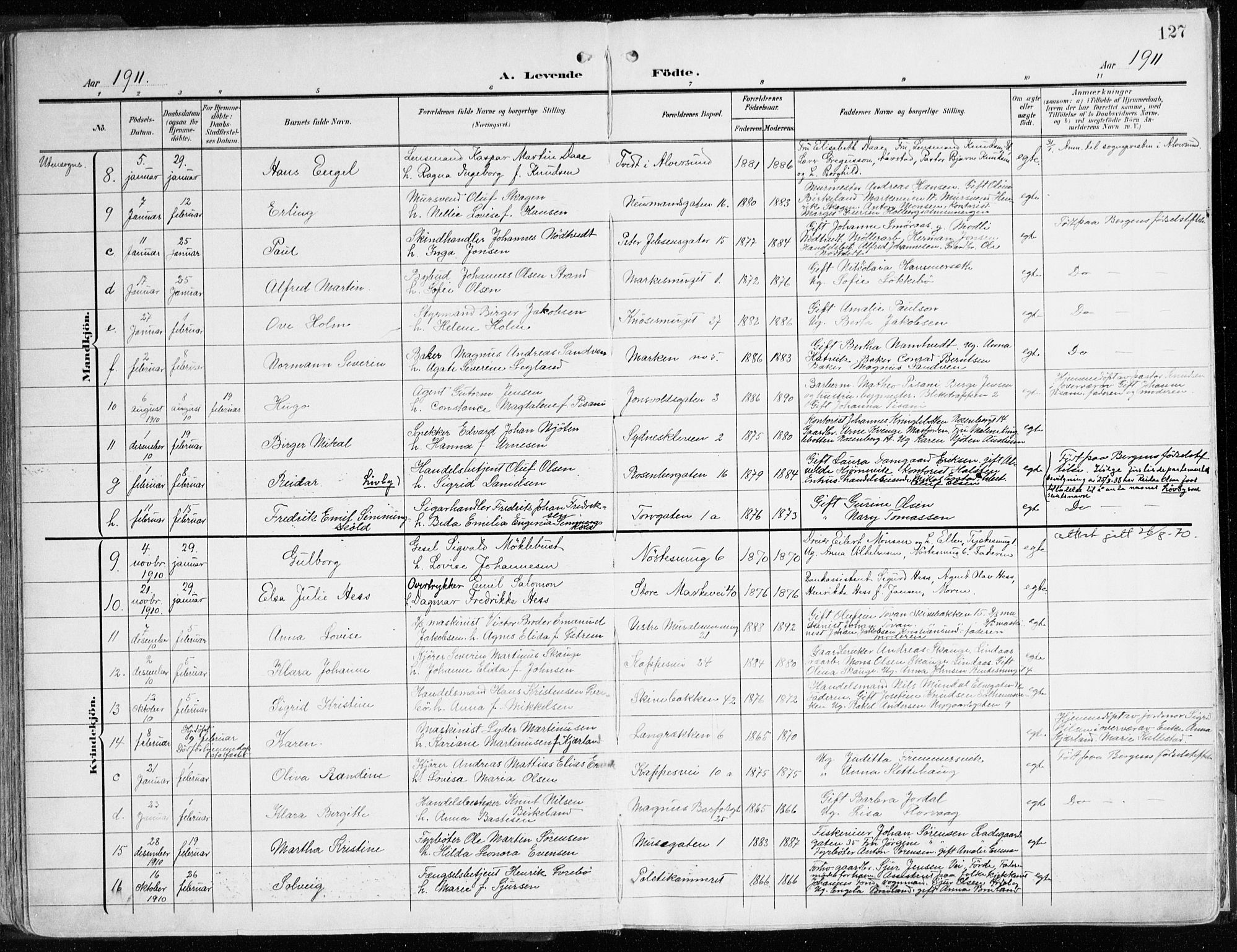 Domkirken sokneprestembete, AV/SAB-A-74801/H/Haa/L0025: Ministerialbok nr. B 8, 1903-1925, s. 127