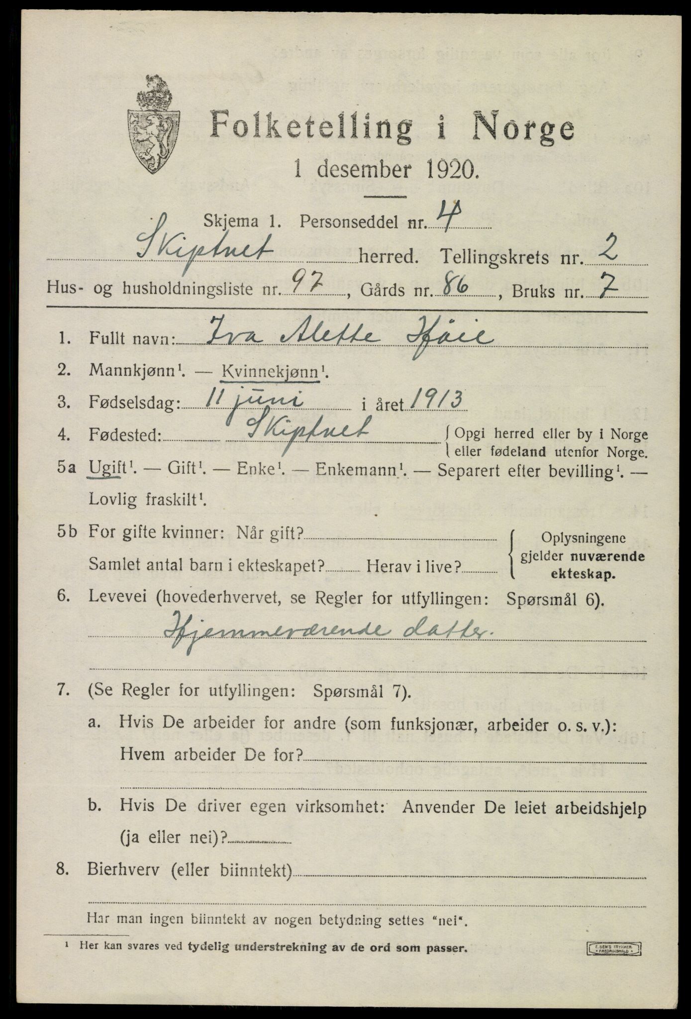SAO, Folketelling 1920 for 0127 Skiptvet herred, 1920, s. 2905