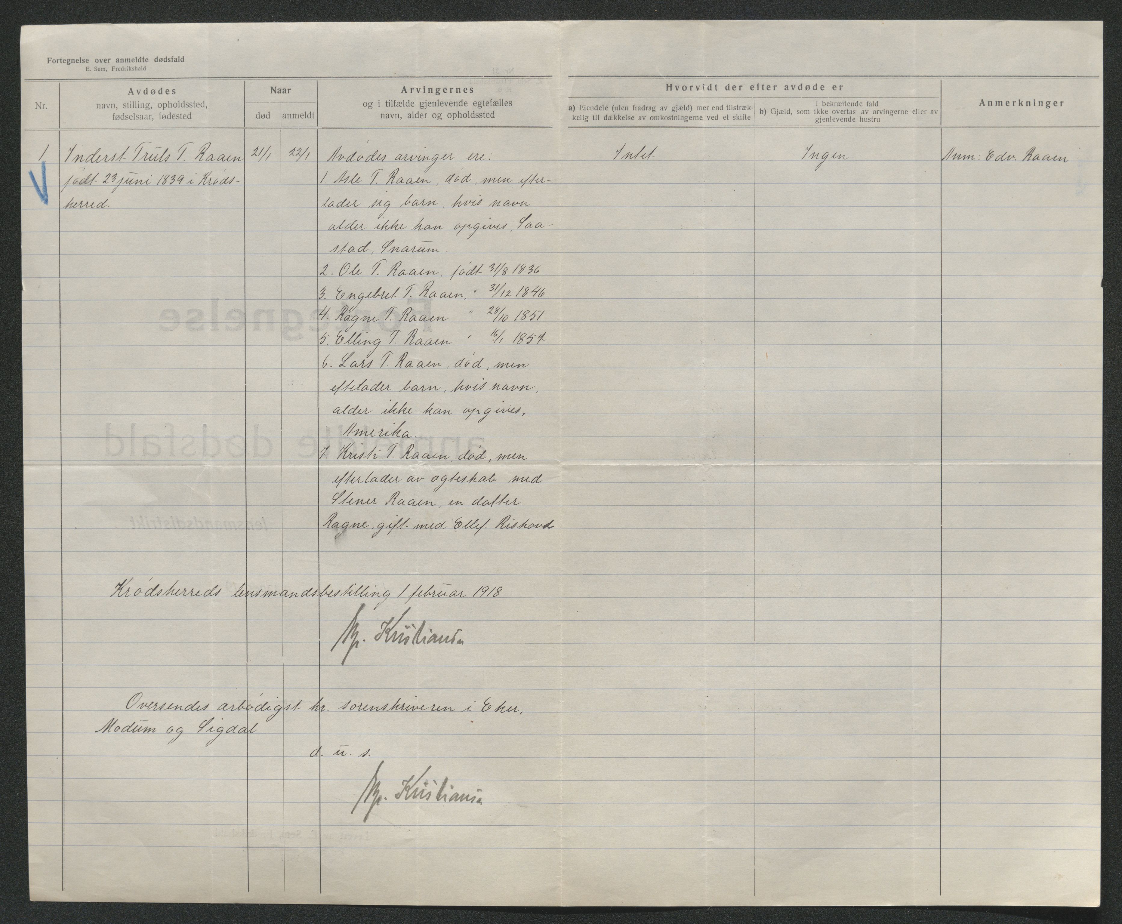 Eiker, Modum og Sigdal sorenskriveri, AV/SAKO-A-123/H/Ha/Hab/L0039: Dødsfallsmeldinger, 1918-1919, s. 568