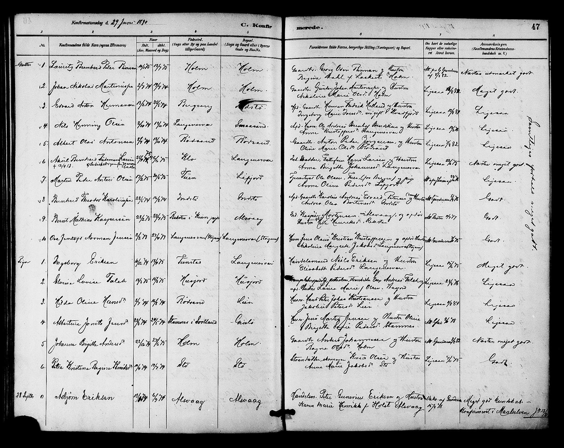 Ministerialprotokoller, klokkerbøker og fødselsregistre - Nordland, AV/SAT-A-1459/894/L1355: Ministerialbok nr. 894A01, 1885-1896, s. 47