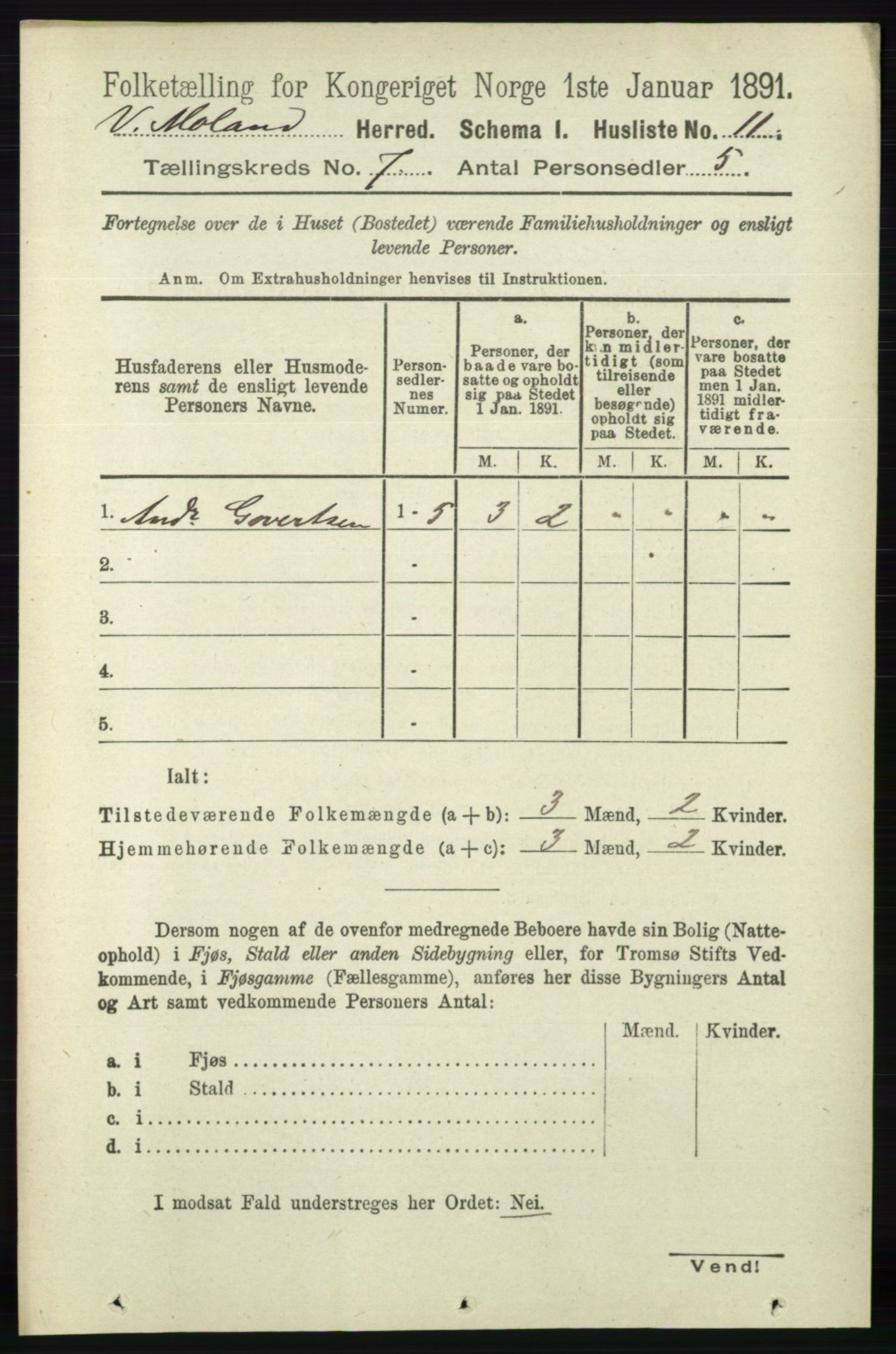 RA, Folketelling 1891 for 0926 Vestre Moland herred, 1891, s. 2770