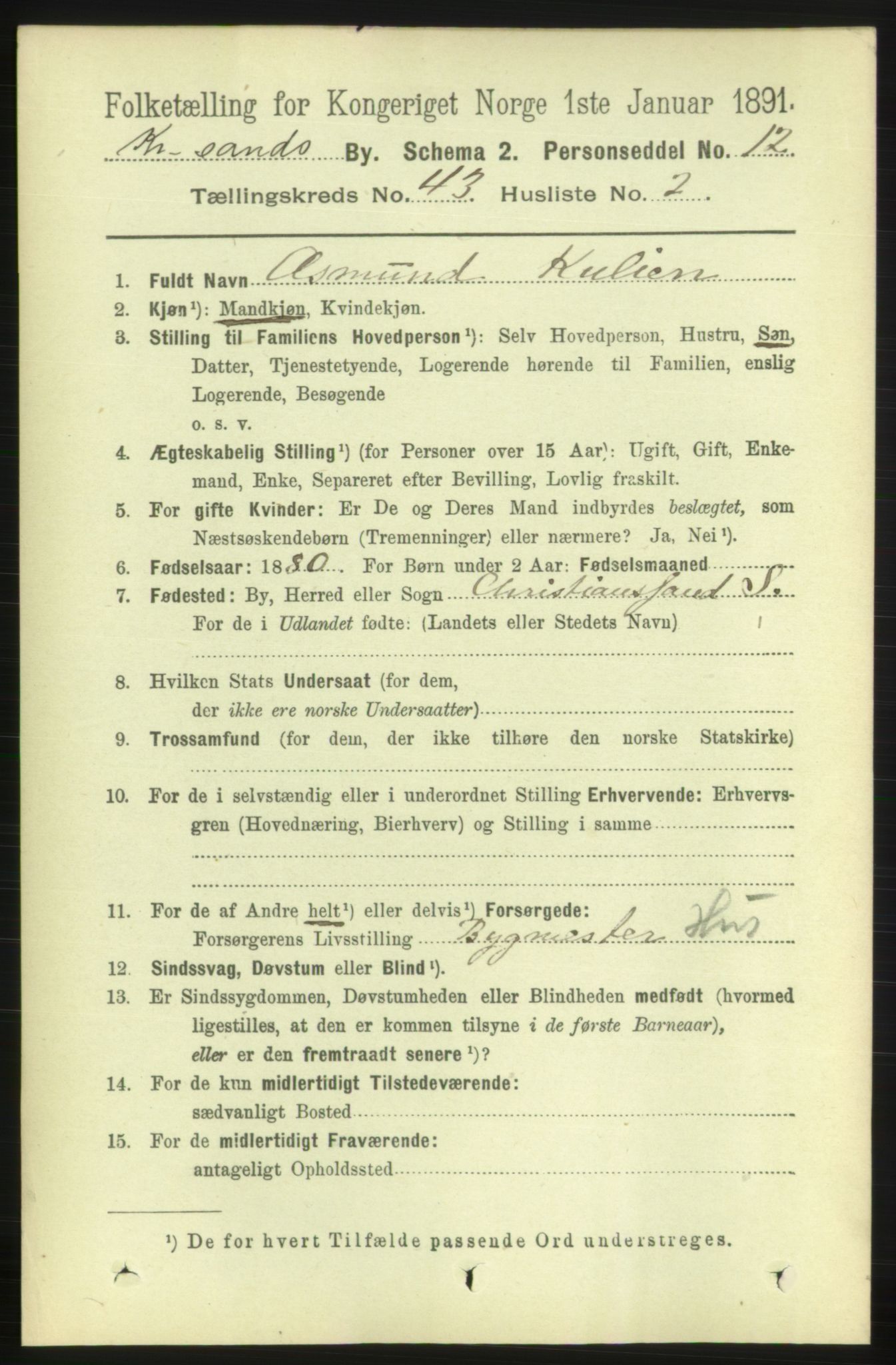 RA, Folketelling 1891 for 1001 Kristiansand kjøpstad, 1891, s. 13198
