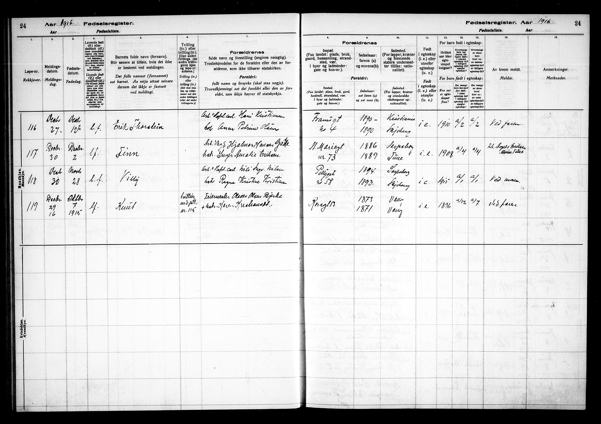 Sarpsborg prestekontor Kirkebøker, AV/SAO-A-2006/J/Ja/L0001: Fødselsregister nr. 1, 1916-1922, s. 24