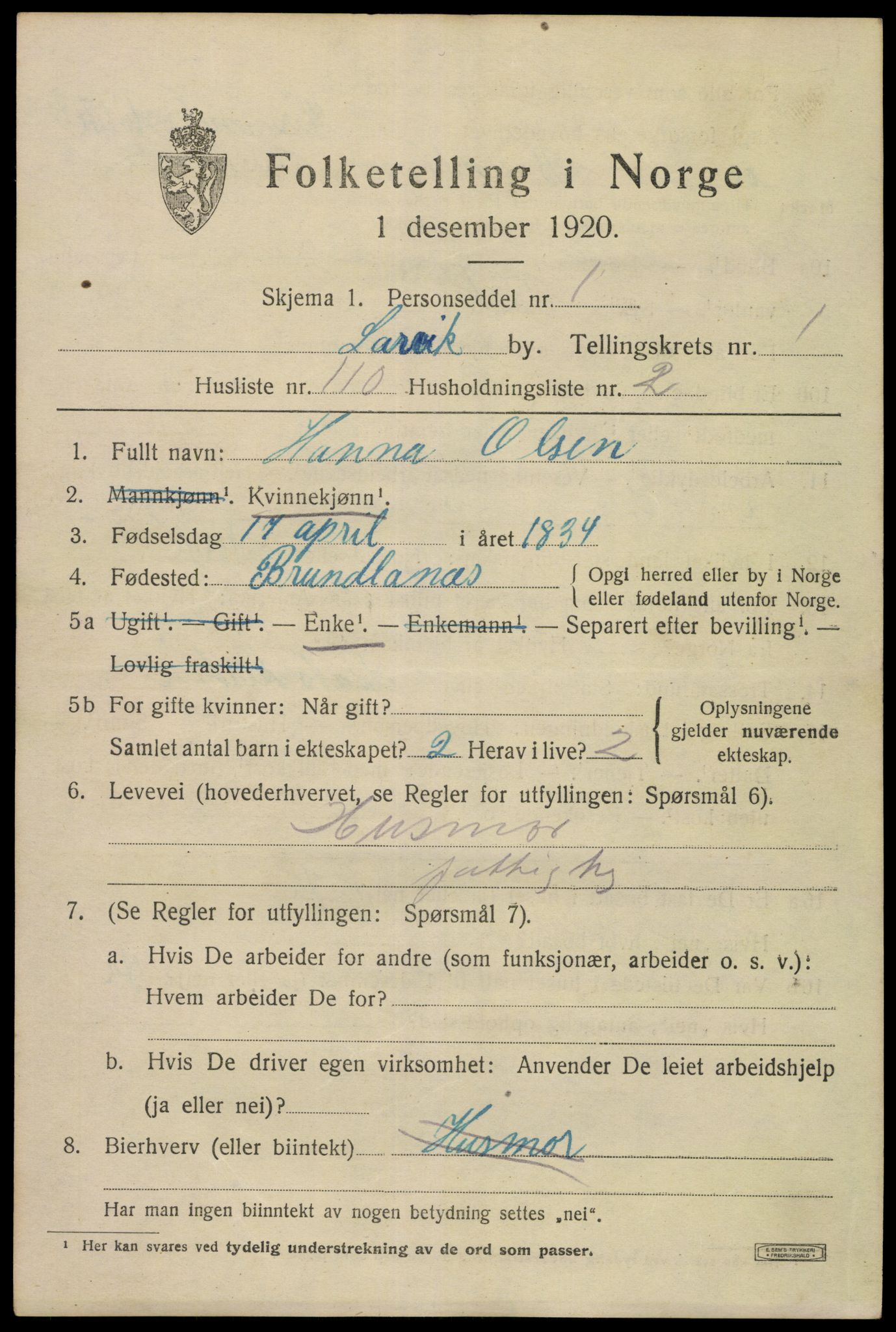 SAKO, Folketelling 1920 for 0707 Larvik kjøpstad, 1920, s. 10306