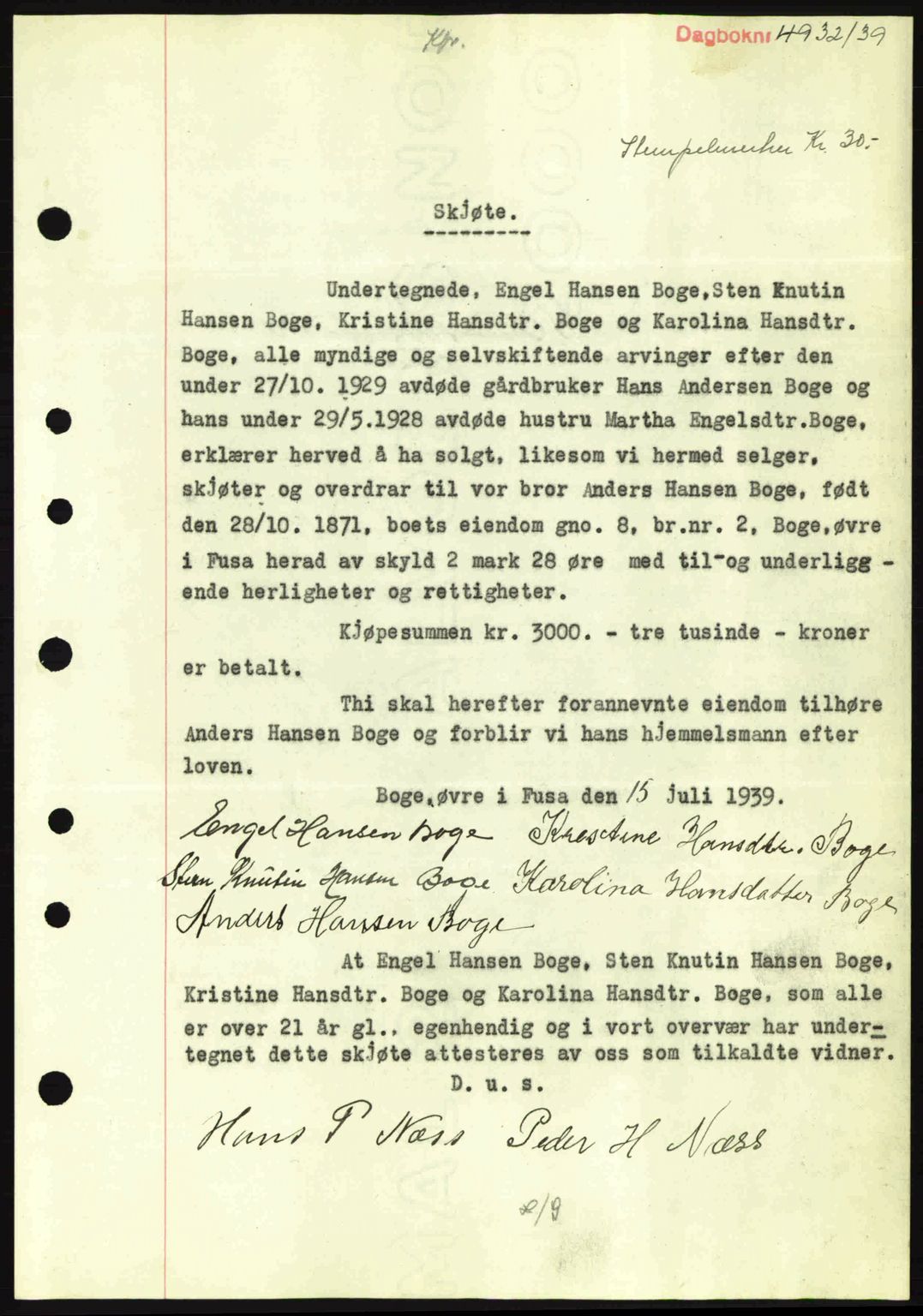 Midhordland sorenskriveri, AV/SAB-A-3001/1/G/Gb/Gbi/L0005: Pantebok nr. A12-17, 1938-1940, Dagboknr: 4932/1939