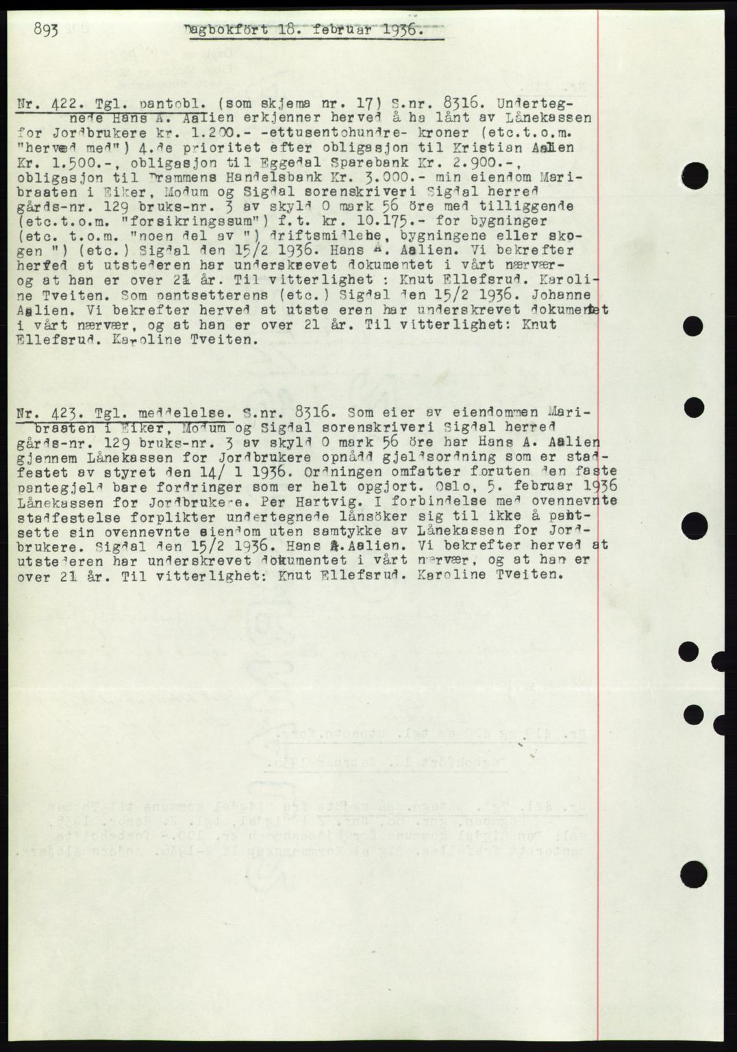 Eiker, Modum og Sigdal sorenskriveri, SAKO/A-123/G/Ga/Gab/L0031: Pantebok nr. A1, 1935-1936, Tingl.dato: 18.02.1936