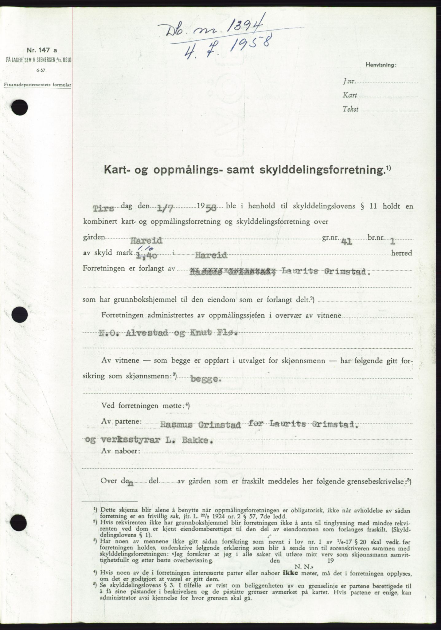 Søre Sunnmøre sorenskriveri, SAT/A-4122/1/2/2C/L0109: Pantebok nr. 35A, 1958-1958, Dagboknr: 1394/1958