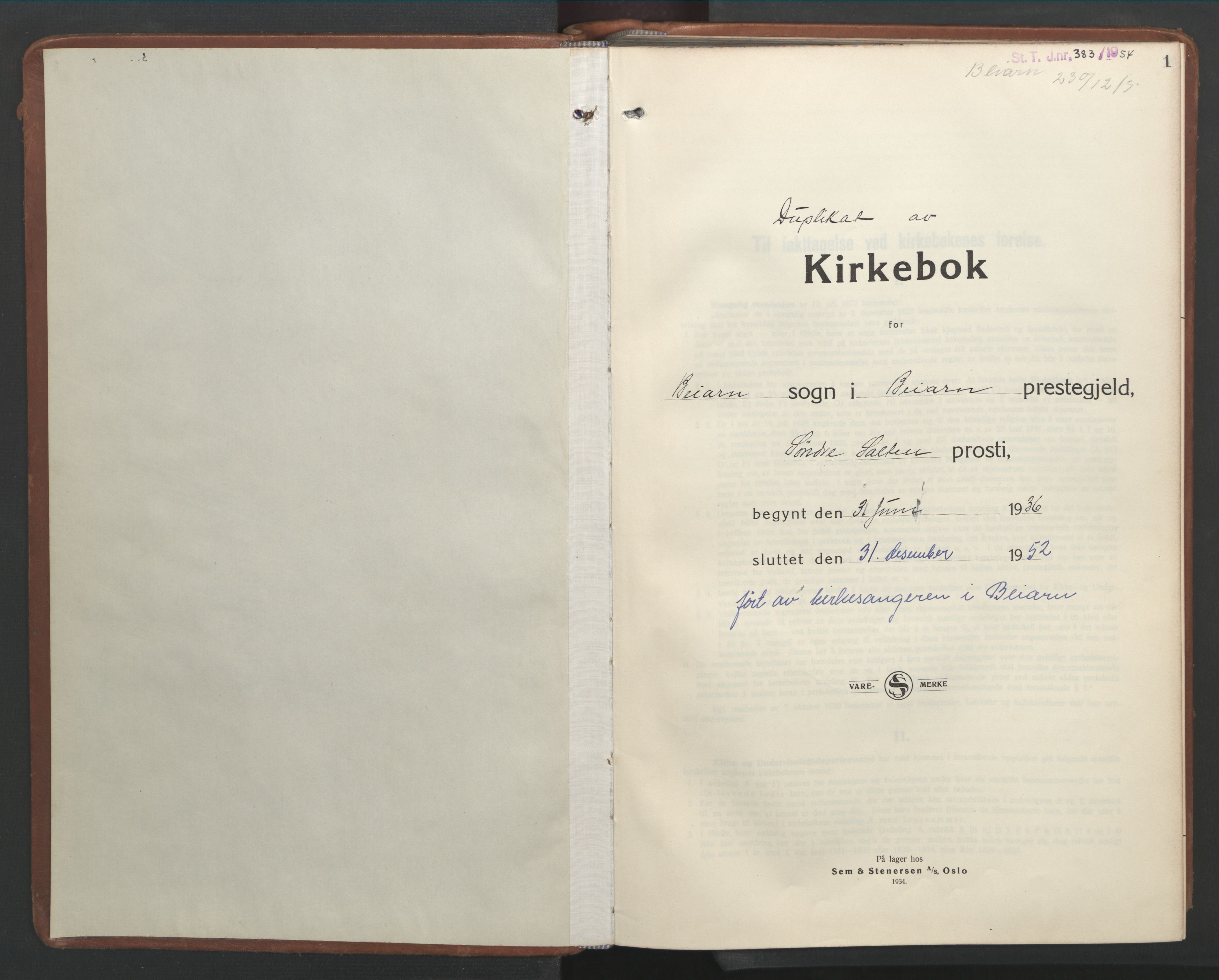 Ministerialprotokoller, klokkerbøker og fødselsregistre - Nordland, AV/SAT-A-1459/846/L0657: Klokkerbok nr. 846C07, 1936-1952, s. 1