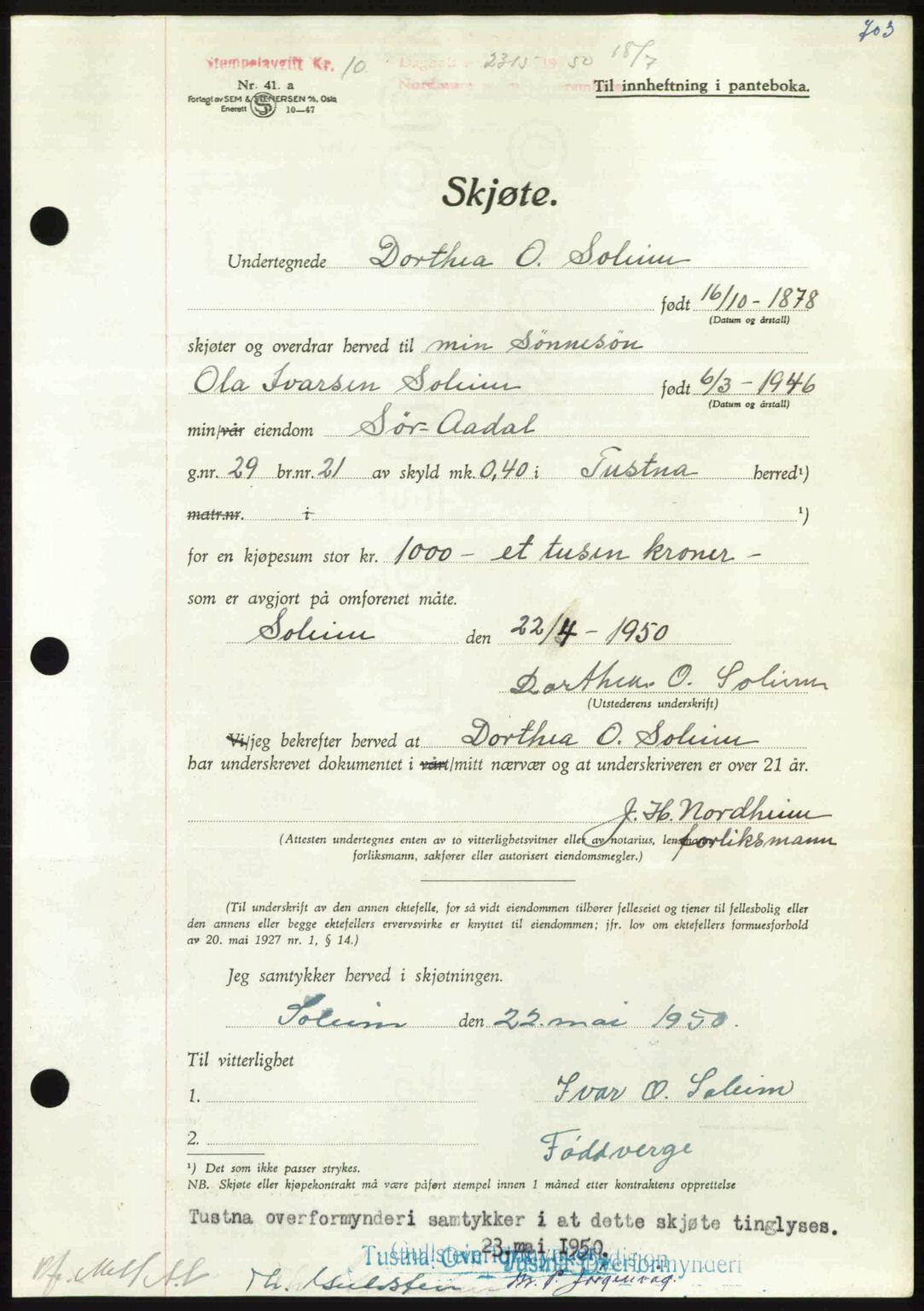 Nordmøre sorenskriveri, AV/SAT-A-4132/1/2/2Ca: Pantebok nr. A115, 1950-1950, Dagboknr: 2315/1950