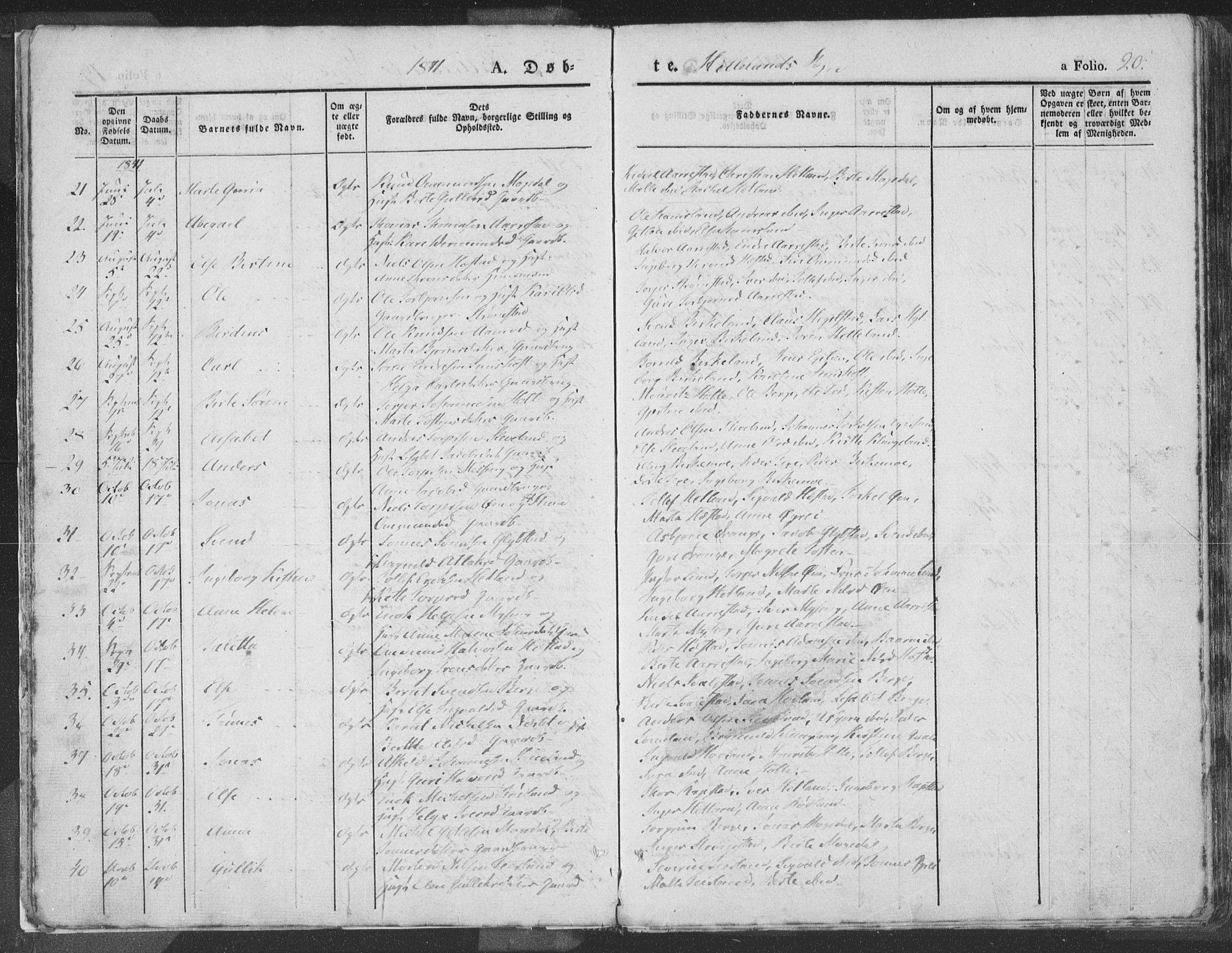 Helleland sokneprestkontor, SAST/A-101810: Ministerialbok nr. A 6.1, 1834-1863, s. 20