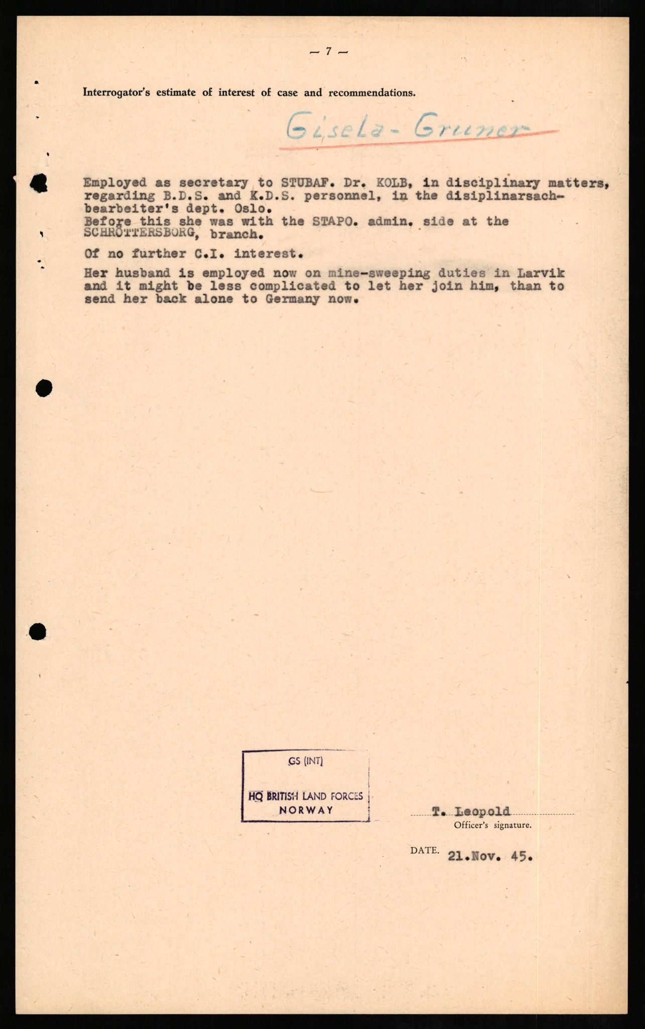 Forsvaret, Forsvarets overkommando II, AV/RA-RAFA-3915/D/Db/L0010: CI Questionaires. Tyske okkupasjonsstyrker i Norge. Tyskere., 1945-1946, s. 429