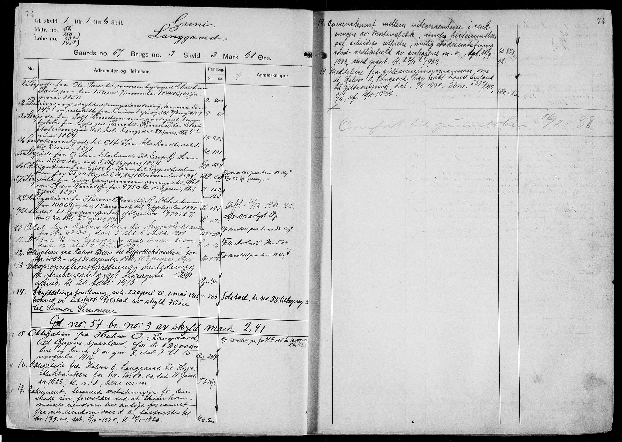 Gjerpen sorenskriveri, AV/SAKO-A-216/G/Gb/Gbd/L0002a: Panteregister nr. IV 2a, s. 74