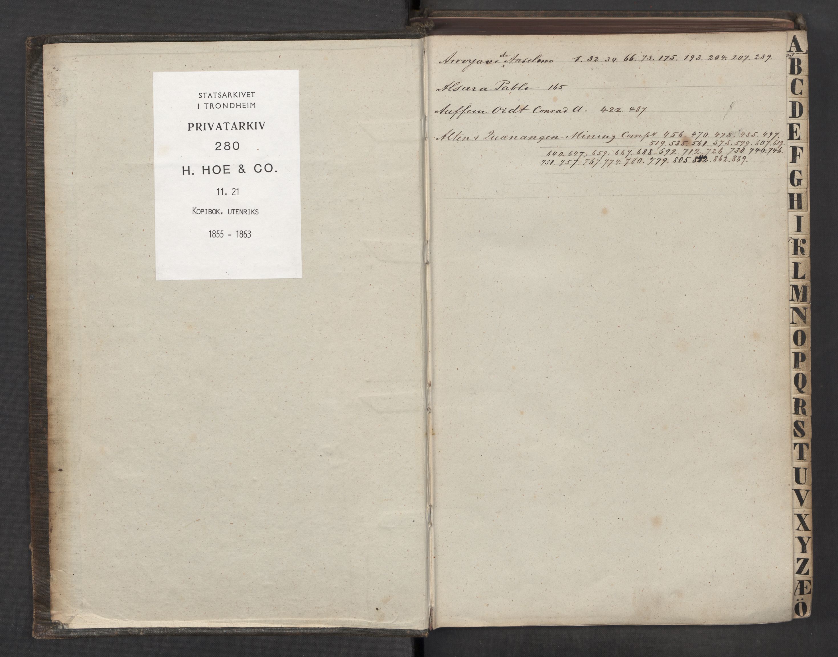 Hoë, Herman & Co, SAT/PA-0280/11/L0021: Kopibok, utenriks, 1855-1863