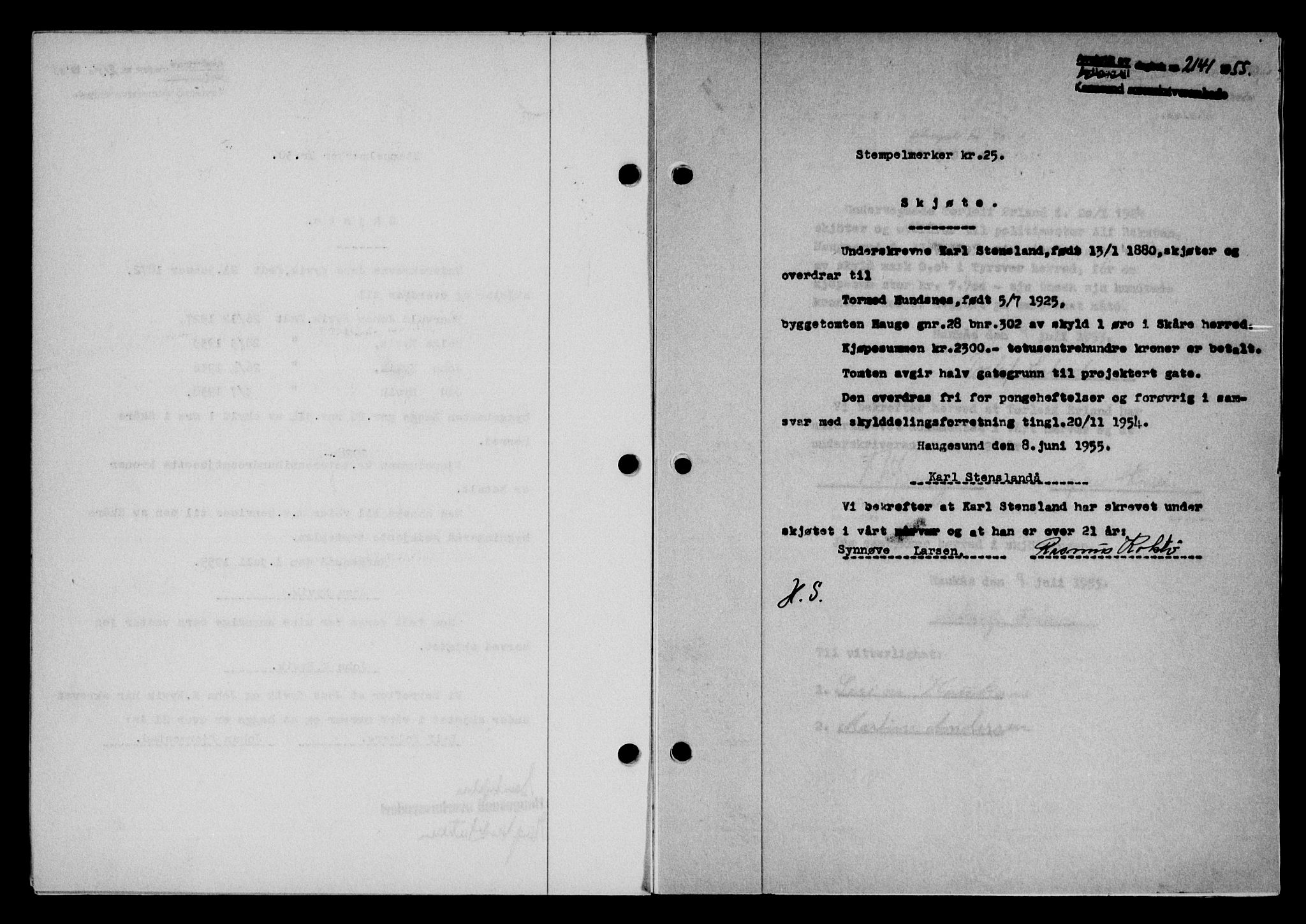 Karmsund sorenskriveri, SAST/A-100311/01/II/IIB/L0116: Pantebok nr. 96A, 1955-1955, Dagboknr: 2141/1955