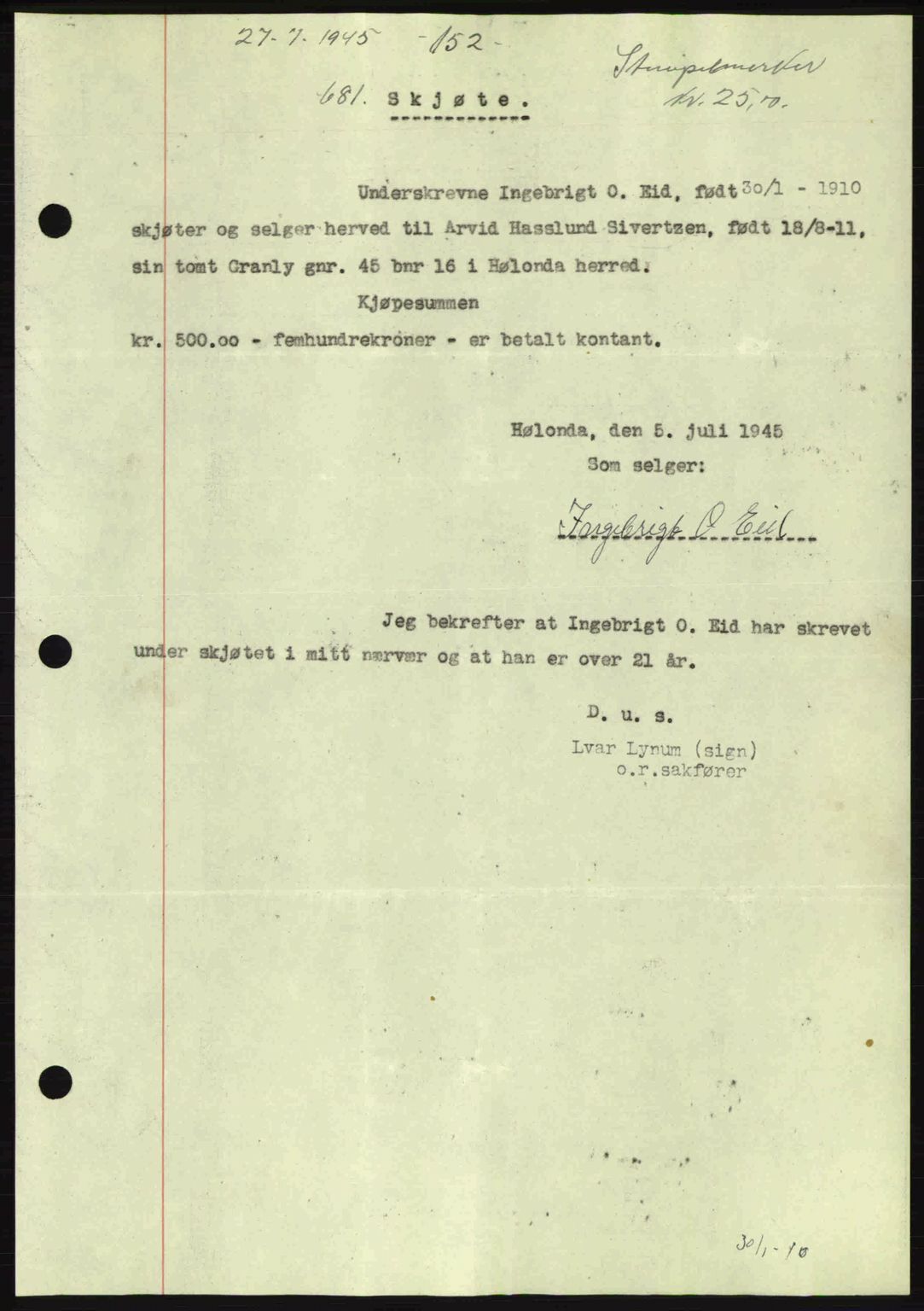 Gauldal sorenskriveri, SAT/A-0014/1/2/2C: Pantebok nr. A1a, 1945-1945, Dagboknr: 681/1945