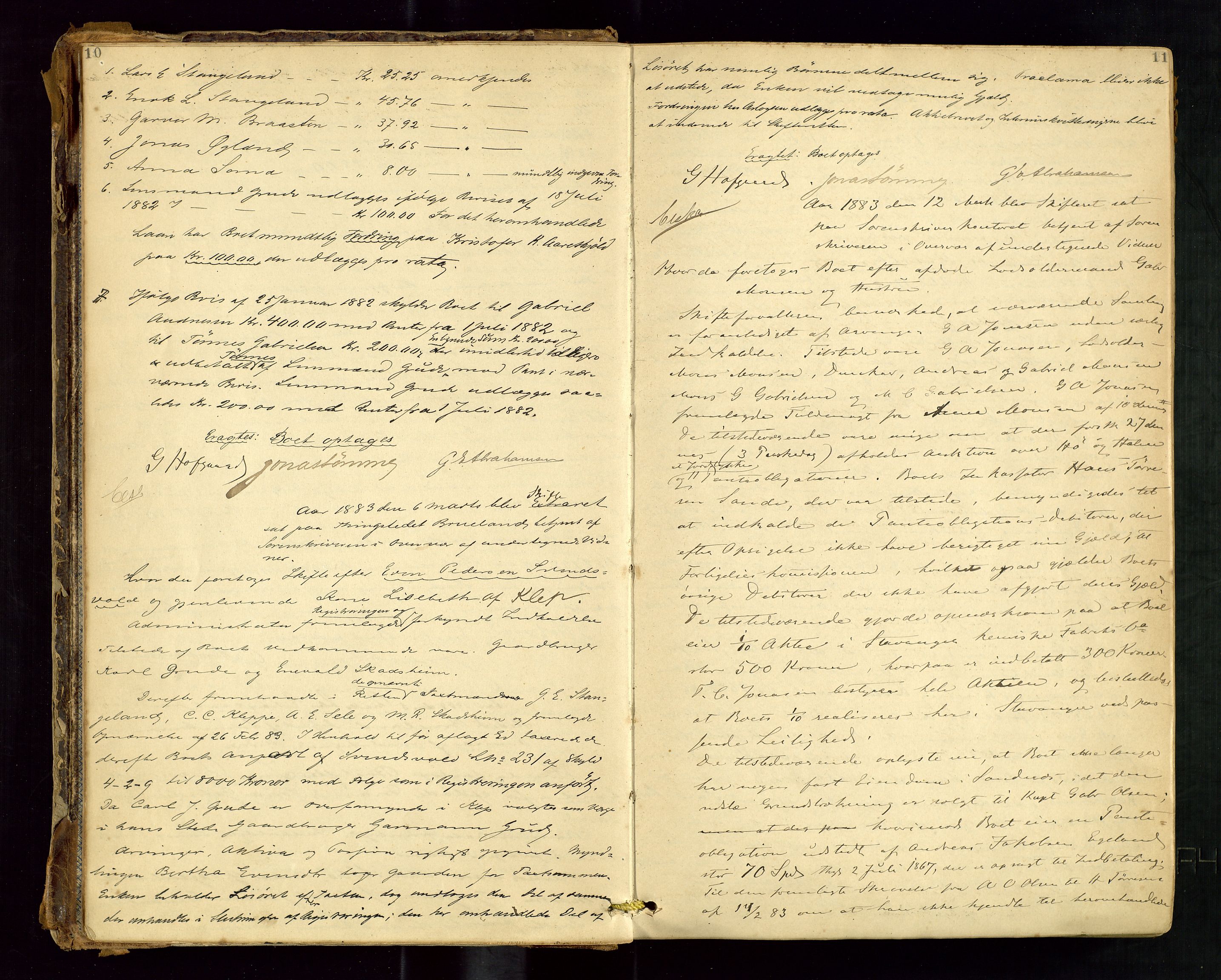 Jæren sorenskriveri, AV/SAST-A-100310/01/5/50/50BA/L0003: SKIFTEFORHANDLINGSPROTOKOLL, 1882-1890, s. 10-11
